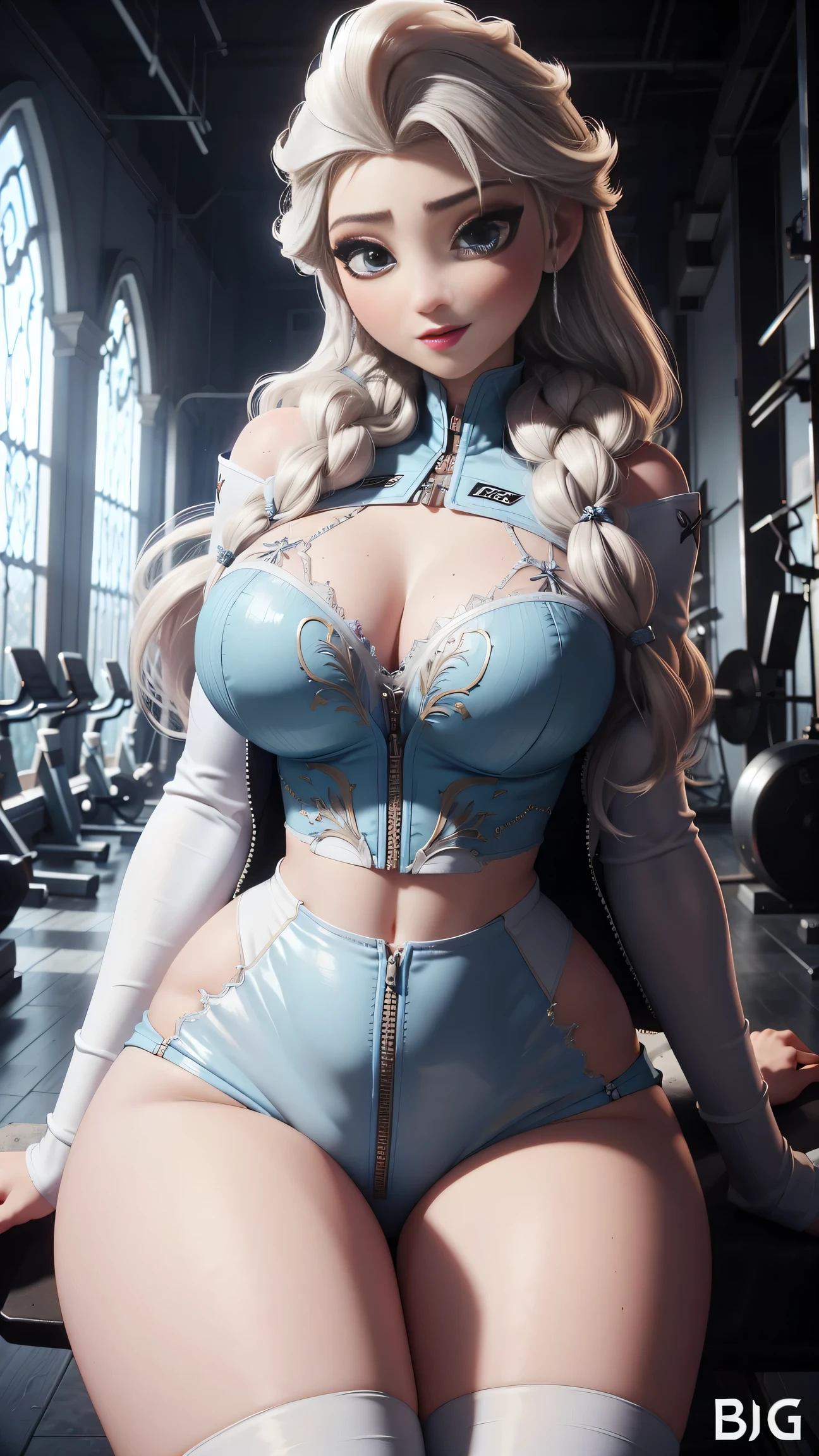 ,,,Photo of Elsa of Arendelle wearing white gym outfit, Nice, show breasts, huge breasts, tall, sexy legs, bursting huge breasts, wide hips, busty, sexy