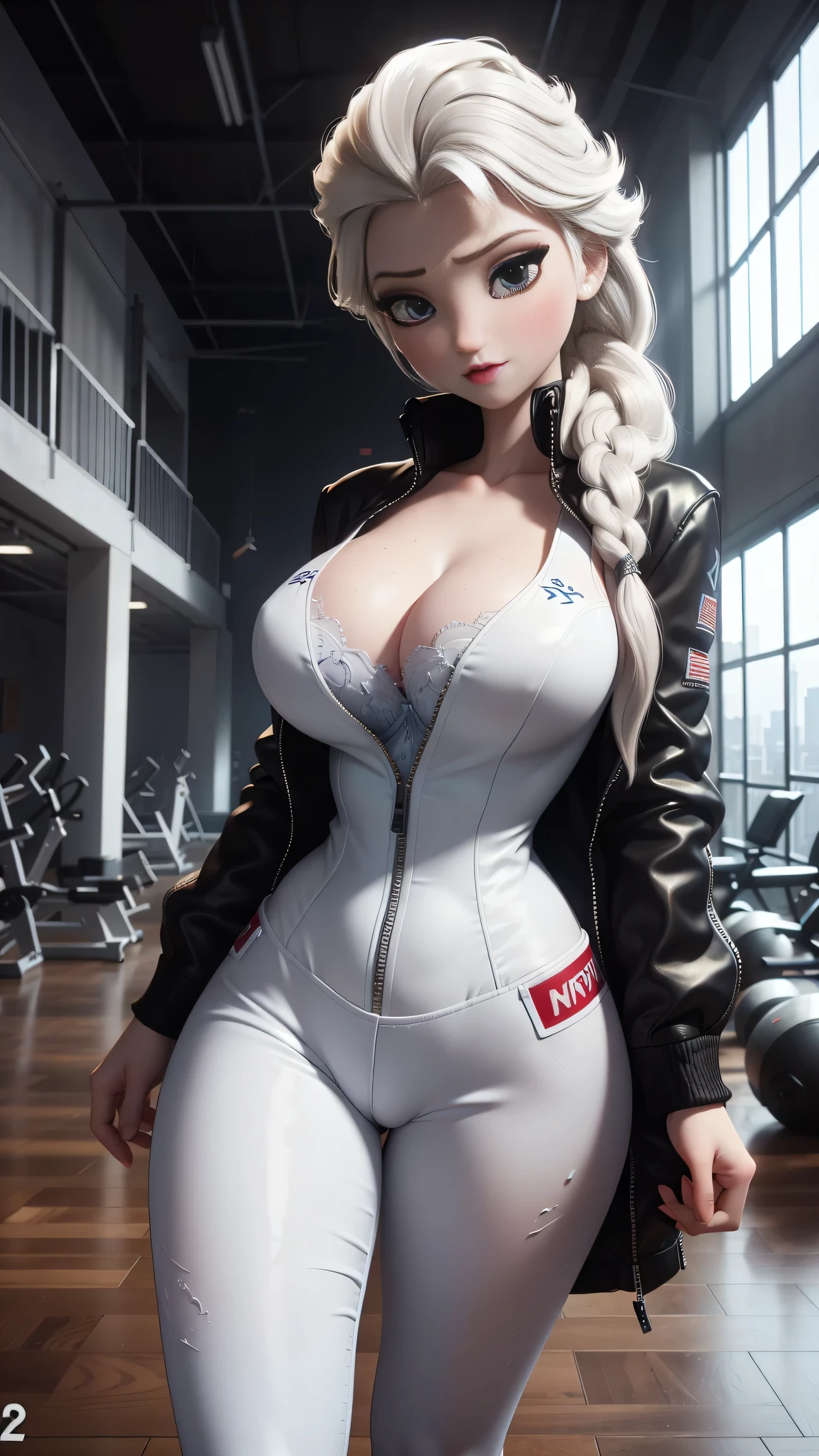 ,,,Photo of Elsa of Arendelle wearing white gym outfit, Nice, show breasts, huge breasts, tall, sexy legs, bursting huge breasts, wide hips, busty, sexy