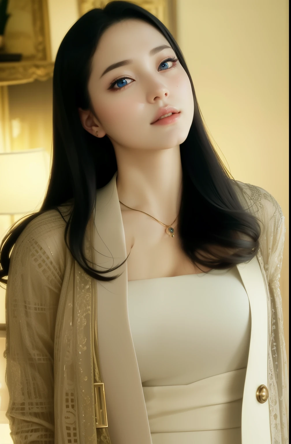 Beautiful big breastokeh), indoors, detailed luxury living room, gentle and charming beautiful goddess, Korean(kpop-idol), solo, necklace, oval face, double eyelids, smart, good hands, good feet, Natural, (from below angle), (glossy skin:1.05), ((low angle)), Perfect figure, (64k, UHD, RAW photo, best quality, masterpiece:1.4), (realistic, photo-realistic:1.37), ultra high res, photon mapping, radiosity, physically-based rendering, professional soft lighting, blue eyes, purpel hair