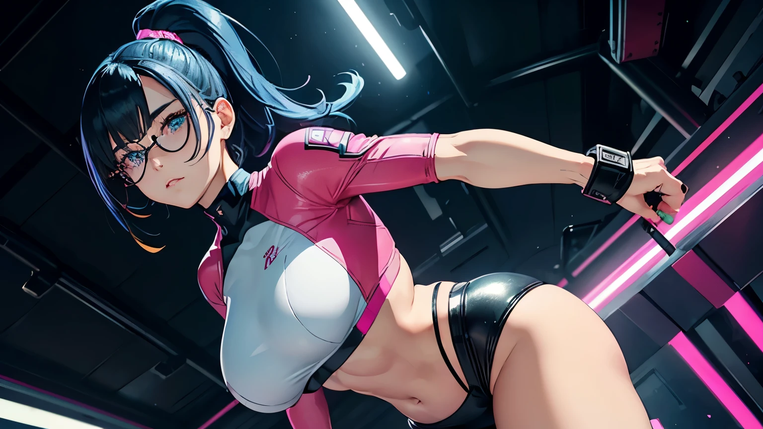 4K, A high resolution, Best quality at best, masterpiece, perfect colors, perfect shadow, perfect litthing, ((sportrait)), 1woman, fit-muscled body, bright yellow eyes,rounded ass, dark blue hair , blue eyes, With round lenses, detail in eyes, The audience watched carefully, (s face: 1.2), Perfect female figure, ((standing)), ((neon pink Tight crop top leather suit)), ((shy and looking at viewert)), (Perfect thick white eyebrows) Delicate fur, 详细s face, s the perfect face, At a fantasy industrial city , (model pose standing), energetic background, perfect city skyscape, lighting atmosphere, ((Bonifasko lighting)), (The round lenses on his eyes)(詳細な目), Perfect student, face close up