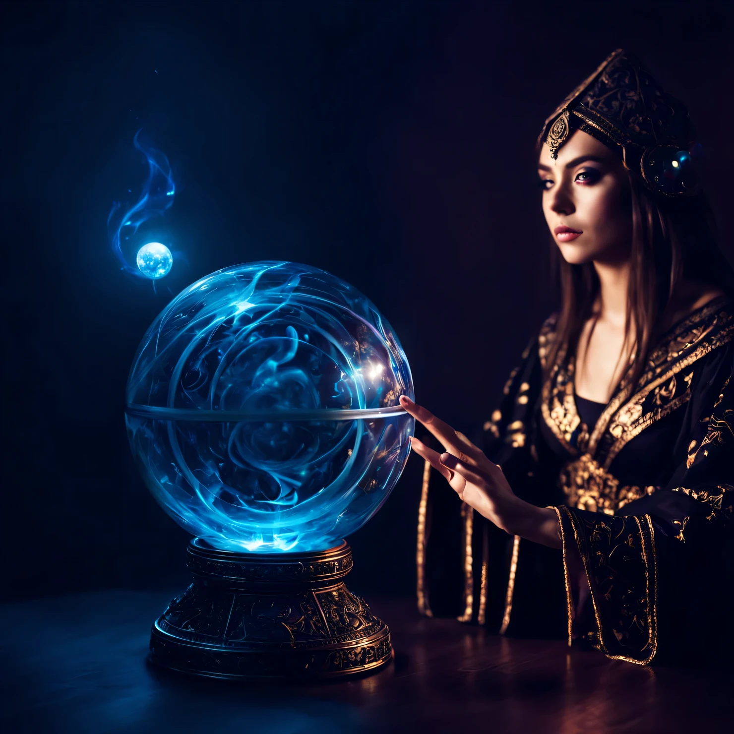 (double exposure:1,3), 3D rendering, raw digital photo, fractal, magic fortune telling ball, Sorceress girl and magic staff, moody lighting, canon p5, selective focus