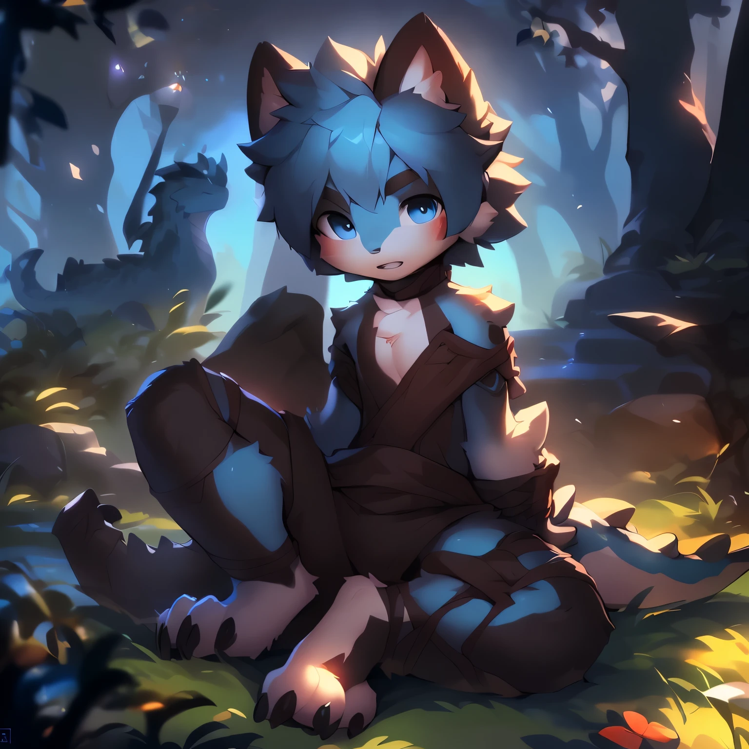 three quarter view，Dark blue body，fluffy hair，Shota，blue hair，ddler，blue eyes ， Lovely， Master masterpieces， high resolution，8k，Detailed background，high quality，horny boy，solo，Dragon's Horn，dragon tail，dragon scale，Dragon ，((, (Sadomasochism), capture, Both arms are tied,sitting in front of a tree)),happy expression，((La Rafael))，the only person，((author：Puinki,artist:1.2),(author：Unreal Land,author：Kuroi Junmi,author：milkytiger1145,author：Morkey,author：Emolga 1,Through oocysts:1.2),(author：Xia Huaiting:0.8),(by Pino Deheni:0.8),(by hioshiru:0.8),(by Chun Ni:0.8).)
