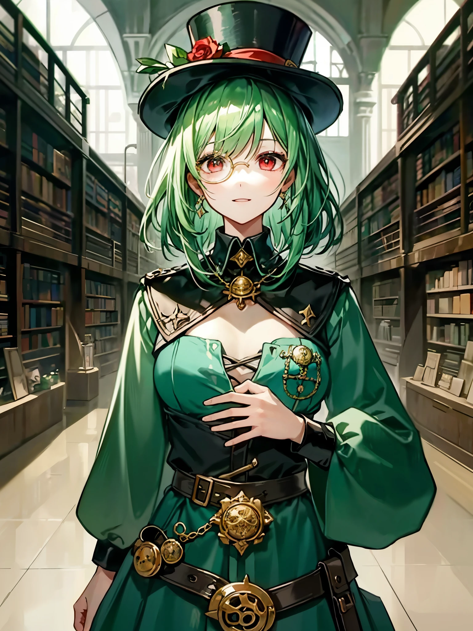 (((masterpiece、Highest image quality、highest quality、highly detailed unity 8kwallpaper)))、((Illustration of one girl、upper body))、(((beautiful girl)))、(librarian)、(Emerald green hair、messy hair、sidelocks:1.2、red eyes、crazy smile)、(((flat chest)))、(((monocle)))、pocket watch、(((Black top hat、Black tuxedo、belt)))、great medieval library、Large amount of books