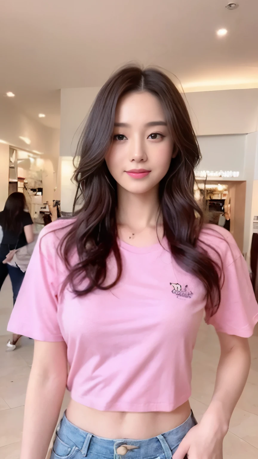 ((top-quality、8k、masterpiece:1.3))、Beautiful woman with perfect body:1.4、slim abdomen:1.2、Longhair, normal breast, Highly detailed facial and skin texture, A detailed eye, delicate eyes, (smile), (full body shot), ((shopping mall)), (standing), (((wearing pink t-shirt with long pants))), looking in front