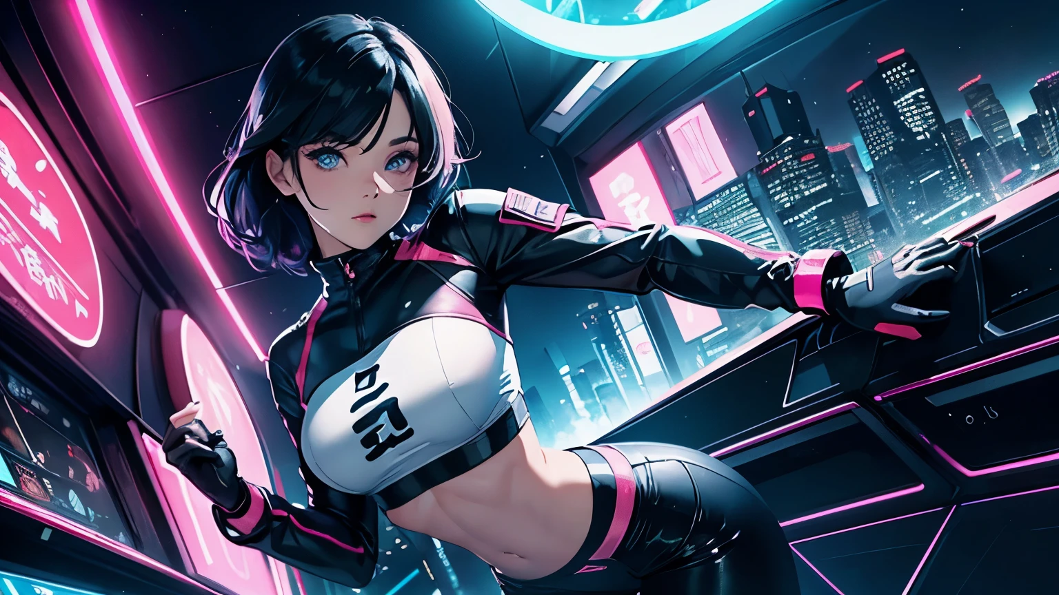 4K, A high resolution, Best quality at best, masterpiece, perfect colors, perfect shadow, perfect litthing, ((sportrait)), 1woman, fit body, heterochromia eyes,dark blue hair , blue eyes, With round lenses, The audience watched carefully, (s face: 1.2), Perfect female figure, ((dynamic pose)), ((read and whitek Tight crop top red and white leather suit, open half breast)), ((shy and looking at viewert)), (Perfect thick white eyebrows) Delicate fur, 详细s face, s the perfect face, , (dynamic pose), big breast, open half breast, abstract cyberpunk background