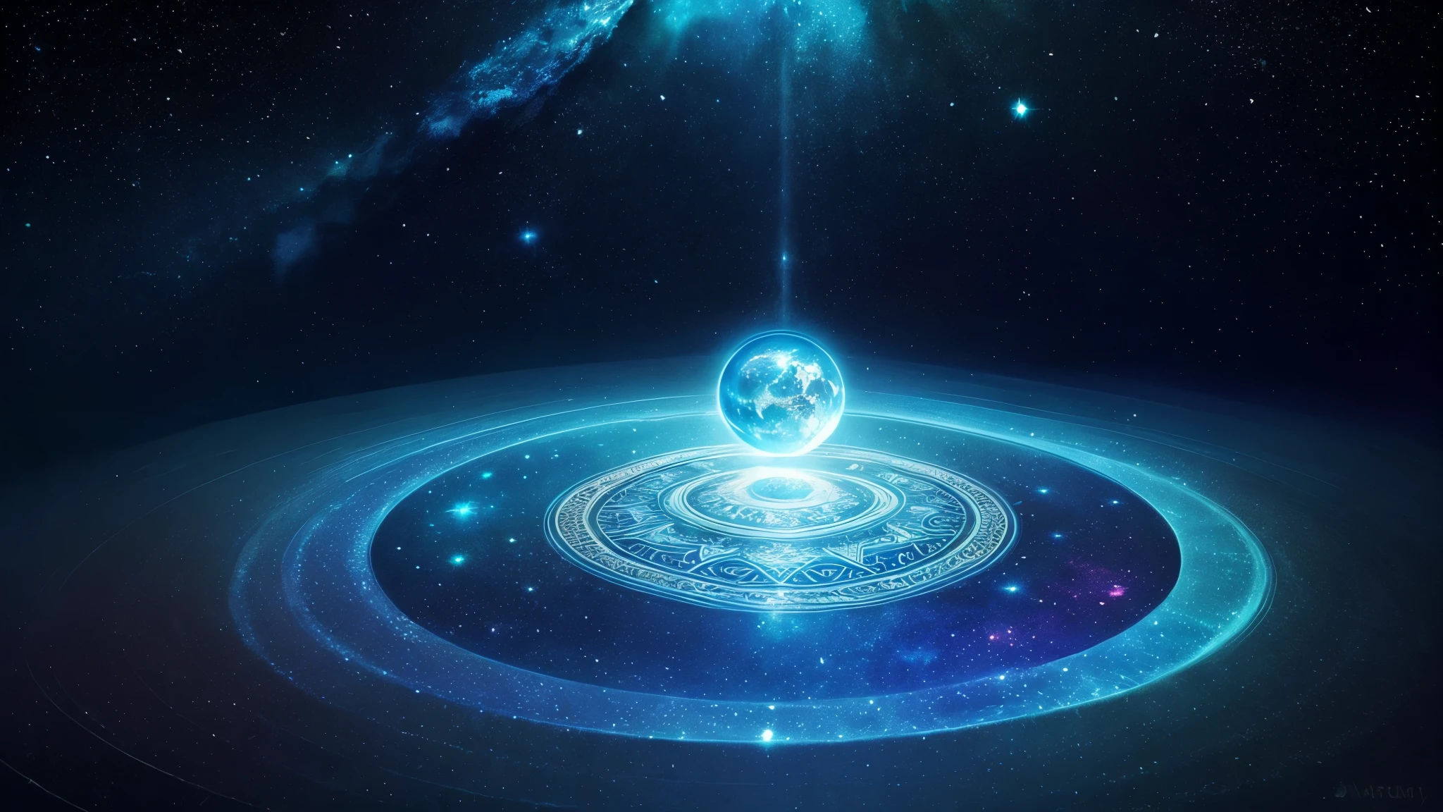 Earth inside a water drop, vibrant colours, volumetric light, watercolor, water border, art work, galaxy sky, a man is meditating with lotus Night sky background, Deep sea background、(a Mandala)、Blue and light blue background, holographic texture, pastels, Fade effect, Abstract background