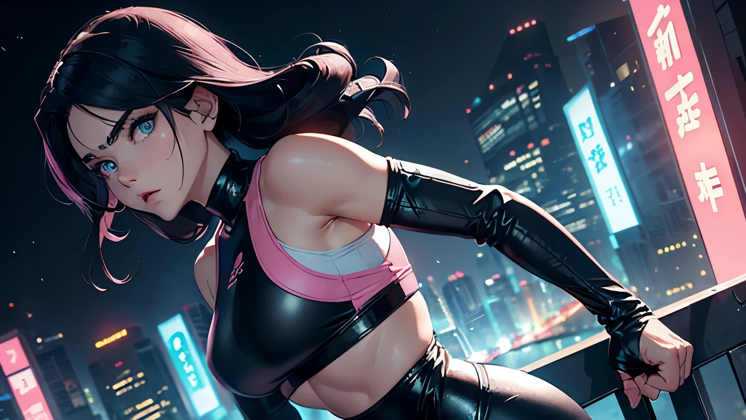 4K, A high resolution, Best quality at best, masterpiece, perfect colors, perfect shadow, perfect litthing, ((sportrait)), 1woman, fit-muscled body, bright green eyes,dark blue hair , blue eyes, With round lenses, The audience watched carefully, (s face: 1.2), Perfect female figure,,standing pose, ((Tight crop top leather suit)), ((shy and looking at viewert)), (Perfect thick white eyebrows) Delicate fur, 详细s face, s the perfect face, At a night club with sea view in the night , (model pose standing), energetic background, perfect city skyscape , lighting atmosphere, ((Bonifasko lighting)), (The round lenses on his eyes)(詳細な目), Perfect student, face close up