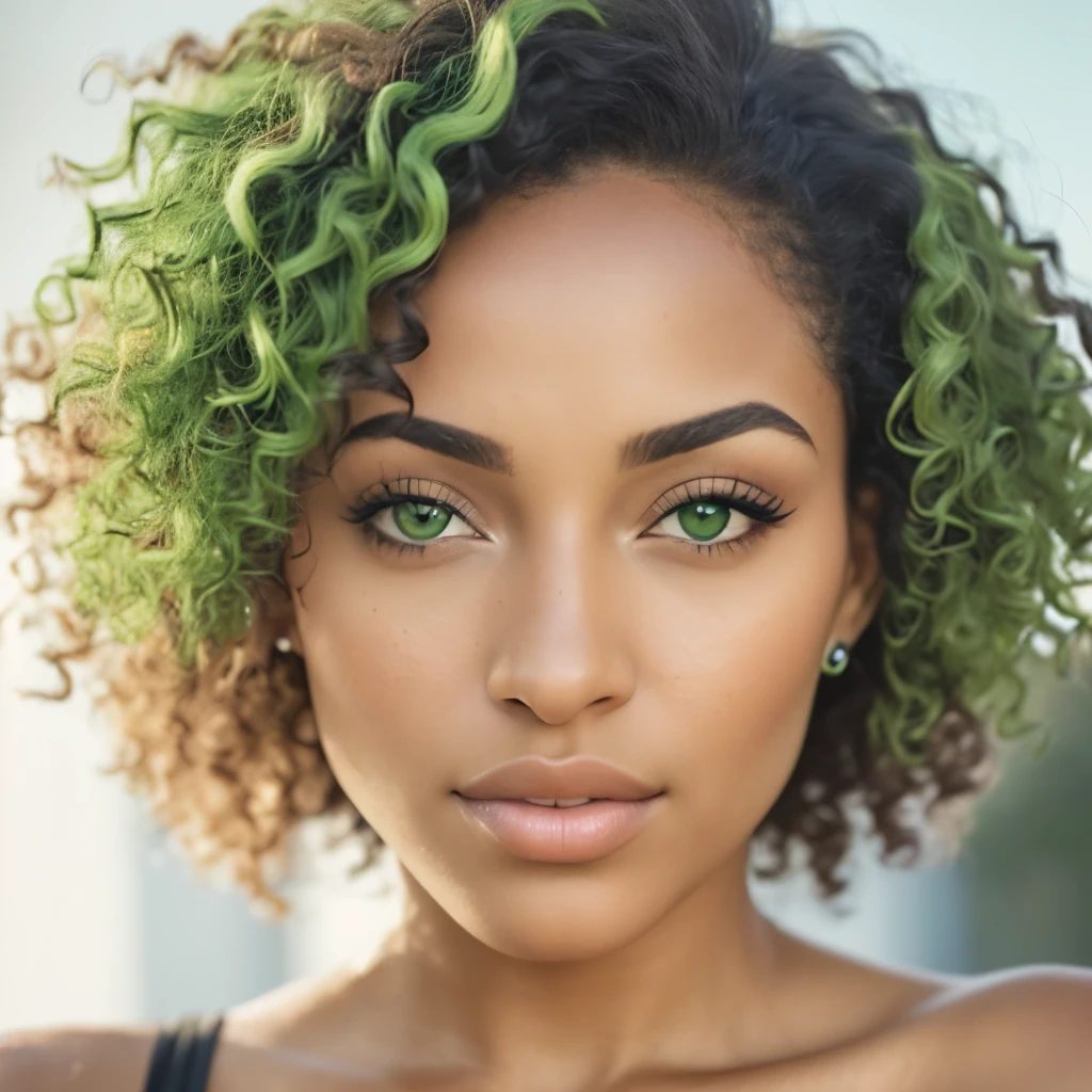 um close up de uma mulher com cabelos cacheados e olhos verdes, foto de uma linda mulher, sexy com olhos verdes, linda mulher, linda linda mulher, com deslumbrantes olhos verdes, mixed race woman, rosto e olhos perfeitos, rosto lindo, mixed race woman, lindo rosto atraente, Rosto extremamente lindo, mulher atraente, olhos verdes brilhantes, com profundos olhos verdes, face of a beautiful black woman, Latina, super model, curly hair, striking green eyes, 26 years old, super realistic photography, nikon d850, 85mm