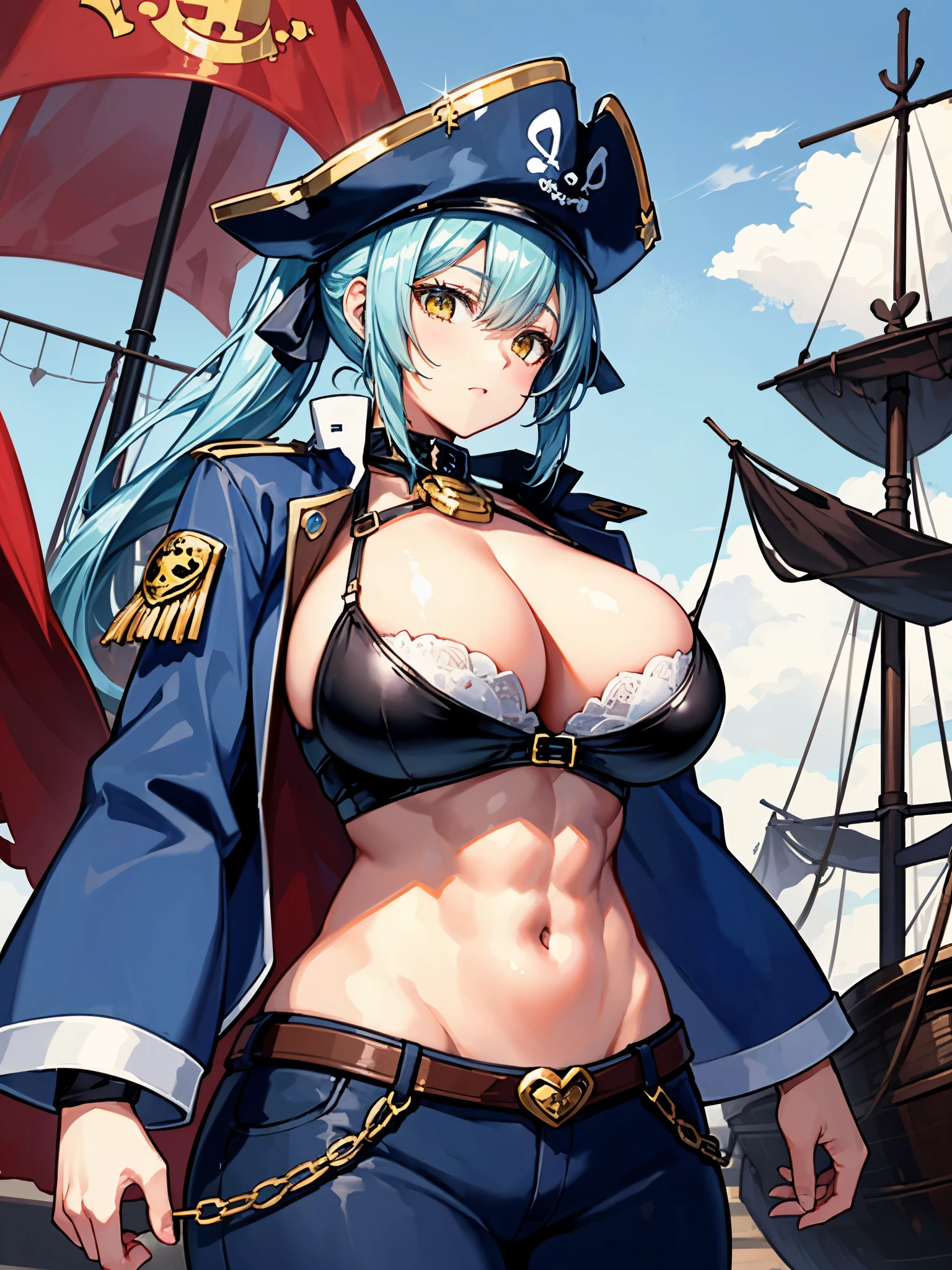 （（（masterpiece、Highest image quality、highest quality、highly detailed unity 8ｋwallpaper）））、（（Illustration of one girl、upper body））、（（（beautiful girl）））、（female pirate）、（Light light blue hair、short ponytail：1.2、yellow eyes）、（（tall））、（（（muscle girl, muscle, bulky figure, massive frame, thick neck, sturdy arms, powerful legs）））、（captain's suit、Pirate hat、Blue coat、pants）、Pirate ship deck