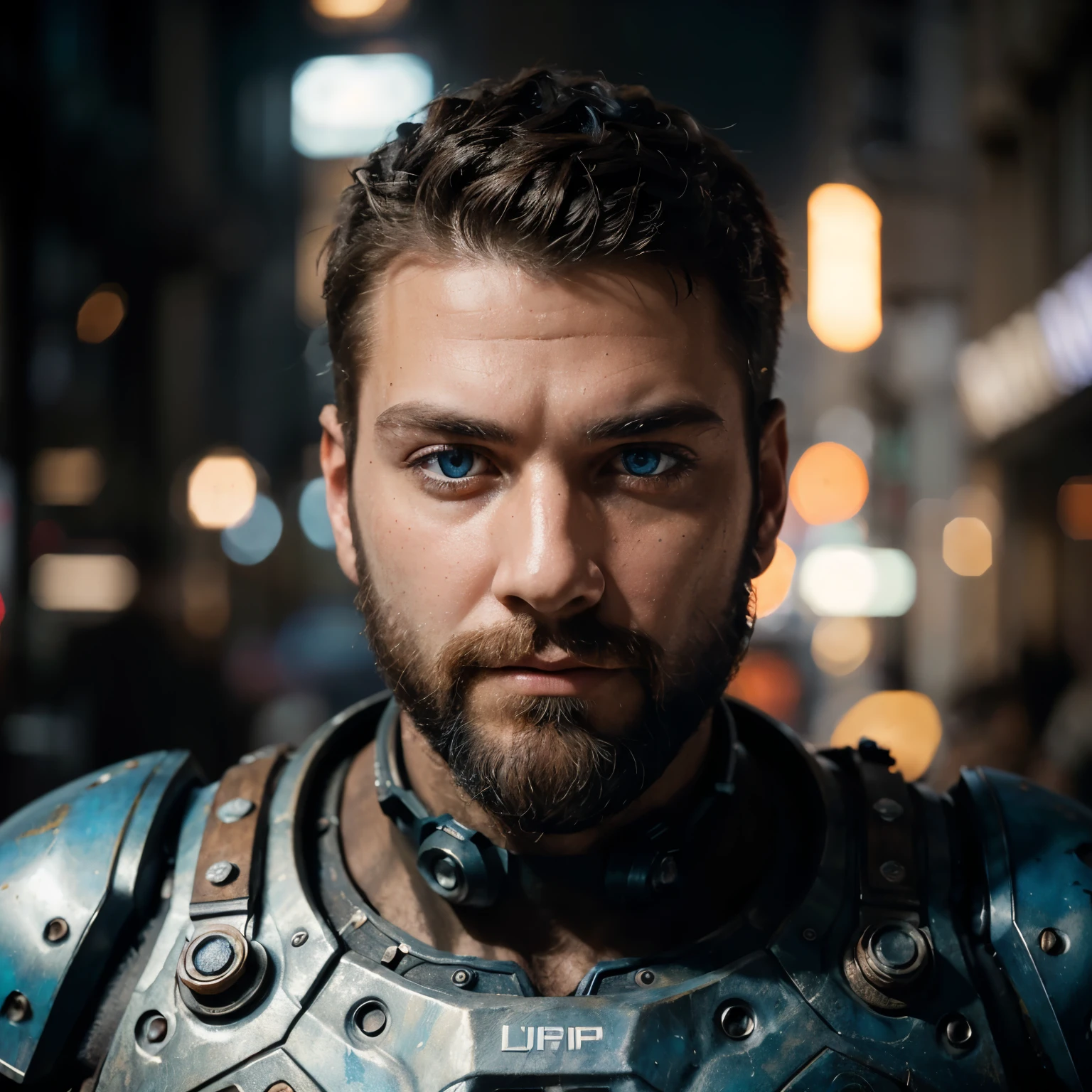 Portrait photo of muscular bearded guy in a worn mech suit, ((light bokeh)), intricate, (steel metal [rust]), elegant, sharp focus, photo by greg rutkowski, soft lighting, vibrant colors, (masterpiece), ((streets)), (detailed face:1.2), (glowing blue eyes:1.1)