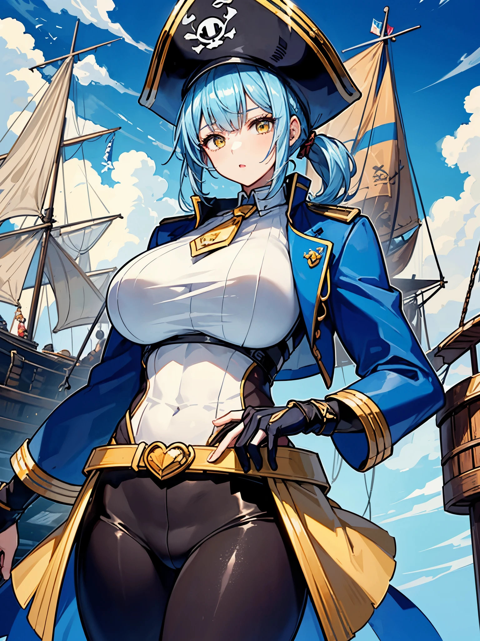 (((masterpiece、Highest image quality、highest quality、highly detailed unity 8kwallpaper)))、((Illustration of one girl、upper body))、(((beautiful girl)))、(female pirate)、(Light light blue hair、short ponytail:1.2、yellow eyes)、((tall))、(((muscle girl, muscle, bulky figure, massive frame, thick neck, sturdy arms, powerful legs)))、(captain's suit、Pirate hat、Blue coat、pants)、Pirate ship deck