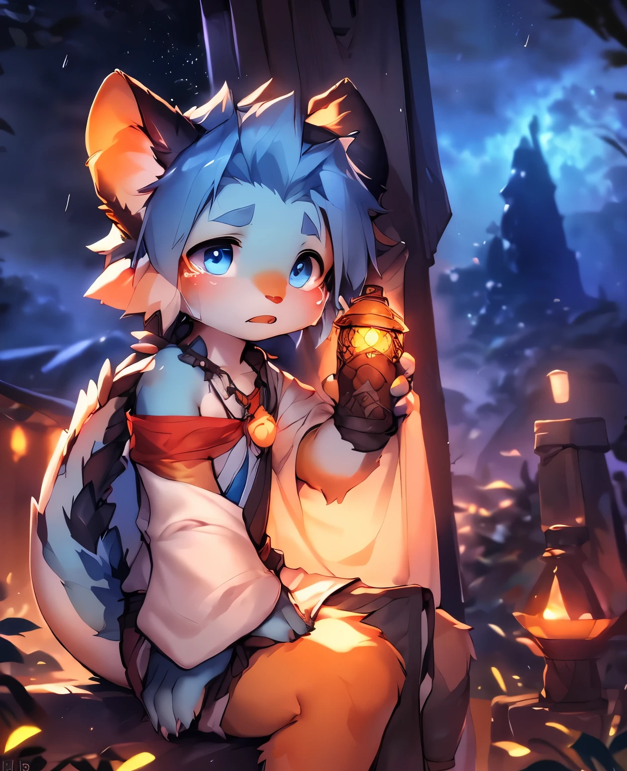 three quarter view,Dark blue body,fluffy hair,Shota,blue hair,toddler,blue eyes , Lovely, Master masterpieces, high resolution,8k,Detailed background,high quality,horny boy,Dragon's Horn,dragon tail,dragon scale,Dragon ,the only person,((author:Puinki,artist:1.2),(author:Unreal Land,author:Kuroi Junmi,author:milkytiger1145,author:Morkey,author:Emolga 1,Through oocysts:1.2),(author:Xia Huaiting:0.8),(by Pino Deheni:0.8),(by hioshiru:0.8),(by Chun Ni:0.8).)angel halo,glow tattoo,Sad expression,Open mouth and tiger teeth,dark night,Orange leg ring with black line in the middle,No shoes,rain,Dark background,clear,night,moon background,lantern,wolf tail,Bone necklace,vertical painting,Standing whole body,watercolor style,night,Shed tears,cry,dragon horn