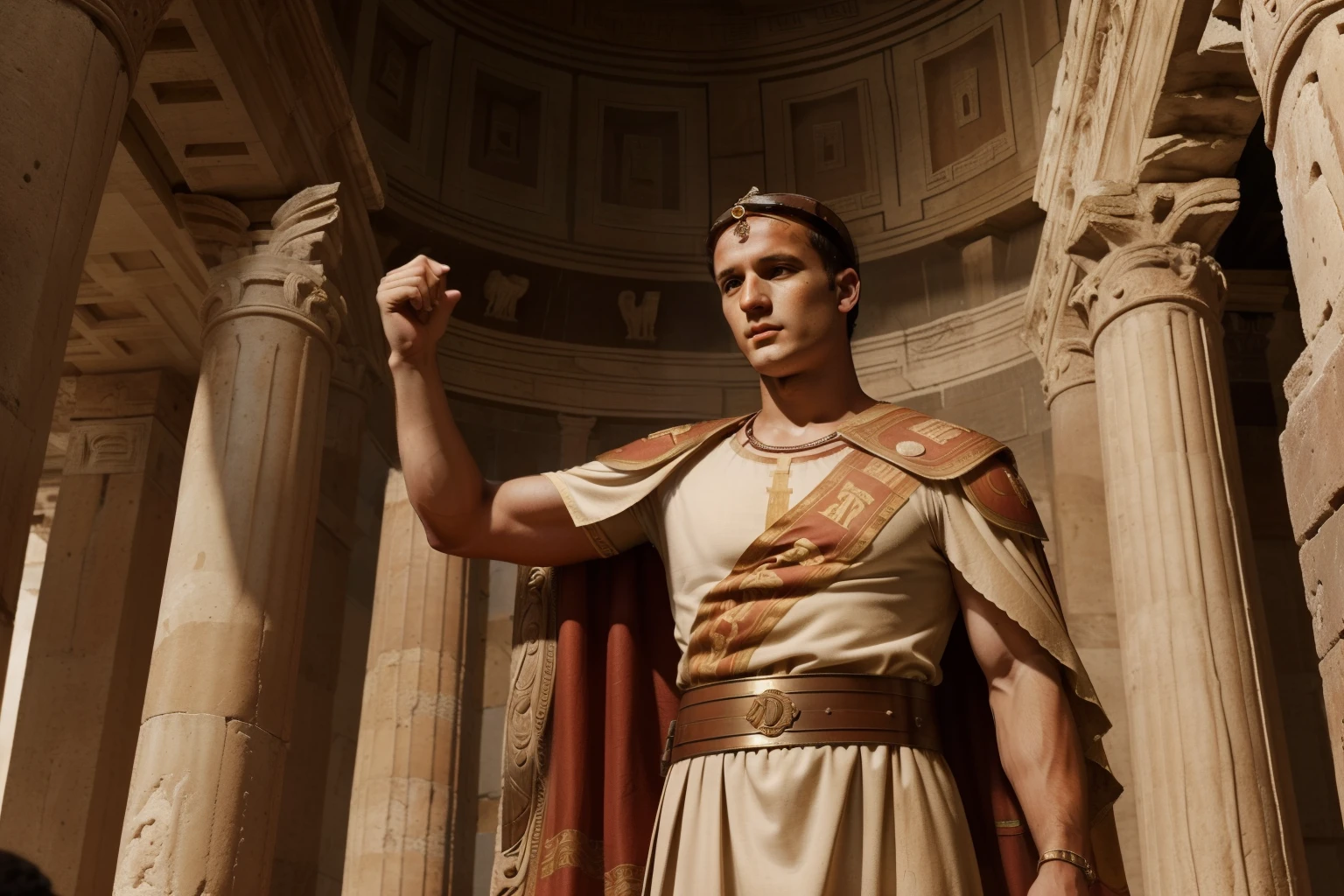 Rome, 77 BC. A young ((((23-year-old)) Julius Caesar)), at the sempronius basilic, majestic speech, brilliant, triumphant, risen arms. ((((roman clothings from the 1st century BC))))