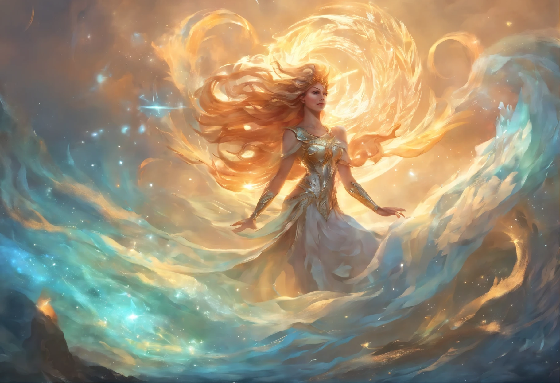 ((the celestial godness wave her arm )),(((glint shimmer spread from her hand and fall on the ground))), epic storry,best quality,extra detail,（（Wallpaper design concept drawing）））
