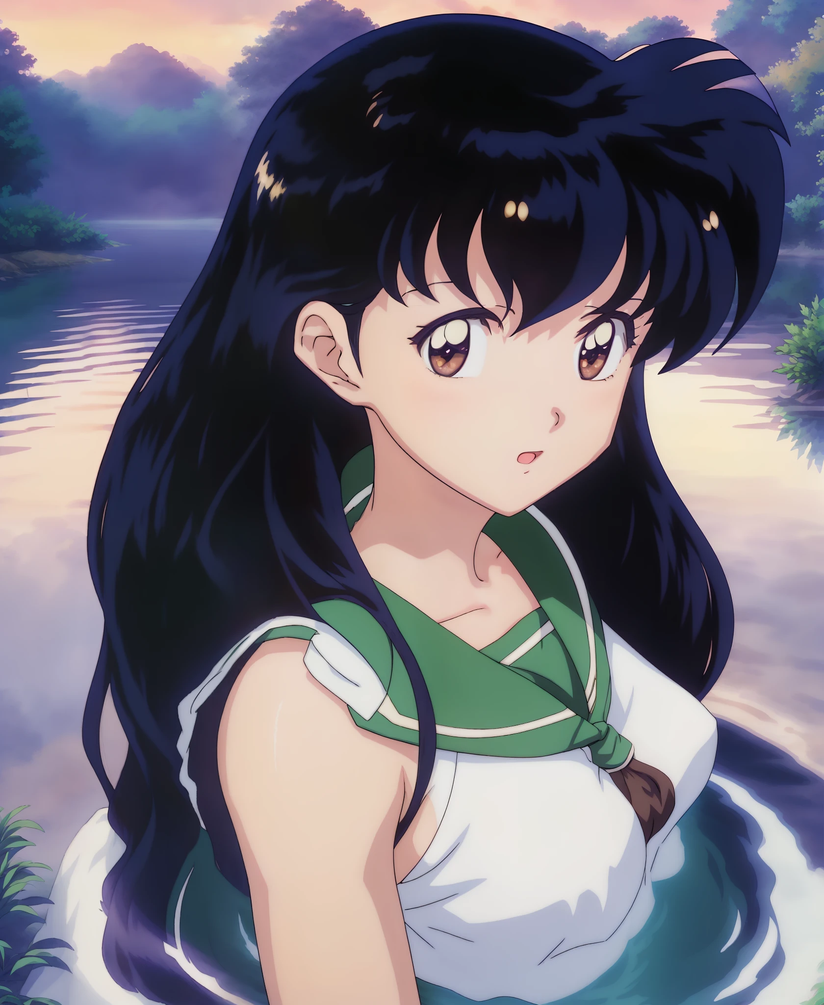 1girl, Kagome Higurashi, brown eyes, full body, photorealistic, (hyperrealistic:1.2), perfect eyes, perfect face, perfect lighting, outdoors, warm colors, forest lake, school uniform, in water, night time,, 