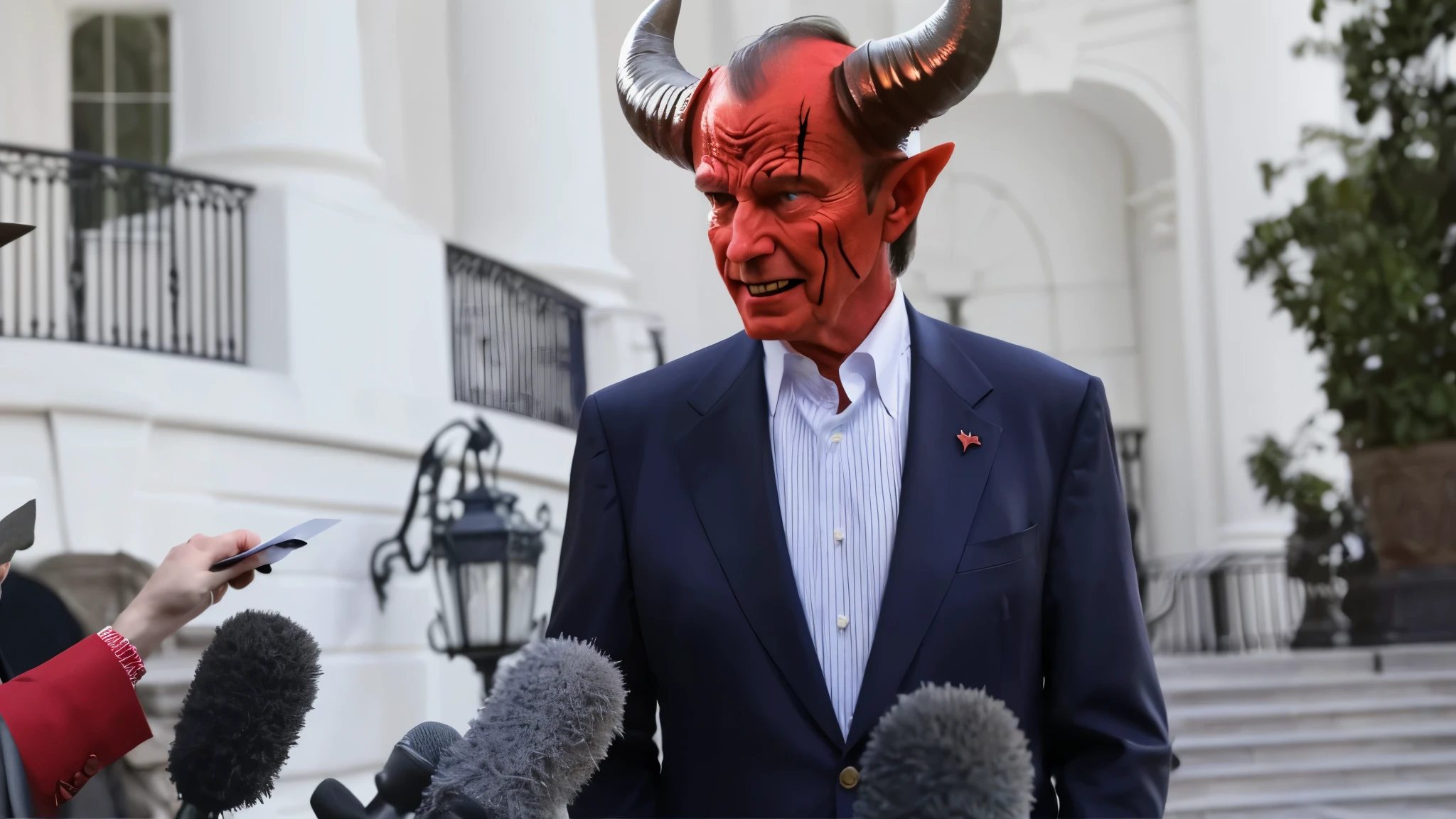 man in a suit and no tie with a devil face, ron desantis as satan, rupert murdoch as the devil, making a deal with the devil, with horns, demon horn, a devilish grin on his face, demon horns, satan, man in a suit and tie with a devil face being interview, background is white house, realistic image, 16k resolution, very detailed face of the devil, the devil smile on the interview