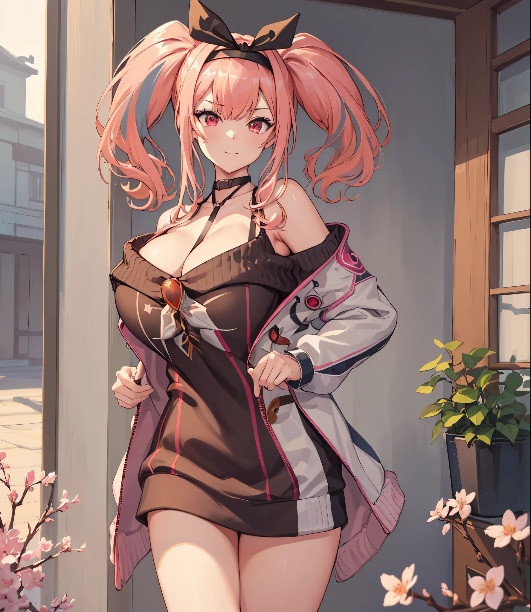 (extremely detailed CG unity 8k wallpaper), (((masterpiece))), (((best quality))), ((ultra-detailed)), (((illustration))), (best shadow), ((an extremely delicate and beautiful)), (detailed light), (well designed face), amazing face, (super detailed), cinematic shot, beautiful detailed eyes, detailed background, 1girl, solo, ((pink hair)), ((multicolored hair)), ((red eyes)), ((short twintails)), (headband), ((halterneck)), huge breasts, firts rate breasts, first rate female bodies, (sleveless sweater), ((open chest sweater)), white jacket, open jacket, cherry blossom trees in behind, outdoor, bewitching thighs, smirk, cowboy shot,