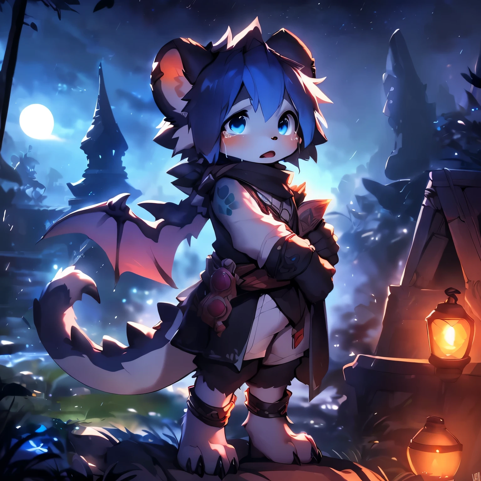 three quarter view,Dark blue body,fluffy hair,Shota,blue hair,toddler,blue eyes , Lovely, Master masterpieces, high resolution,8k,Detailed background,high quality,horny boy,Dragon's Horn,dragon tail,dragon scale,Dragon ,the only person,((author:Puinki,artist:1.2),(author:Unreal Land,author:Kuroi Junmi,author:milkytiger1145,author:Morkey,author:Emolga 1,Through oocysts:1.2),(author:Xia Huaiting:0.8),(by Pino Deheni:0.8),(by hioshiru:0.8),(by Chun Ni:0.8).)angel halo,glow tattoo,Sad expression,Open mouth and tiger teeth,dark night,Orange leg ring with black line in the middle,No shoes,rain,Dark background,clear,night,moon background,lantern,wolf tail,Bone necklace,vertical painting,Standing whole body,watercolor style,night,Shed tears,cry,dragon horn