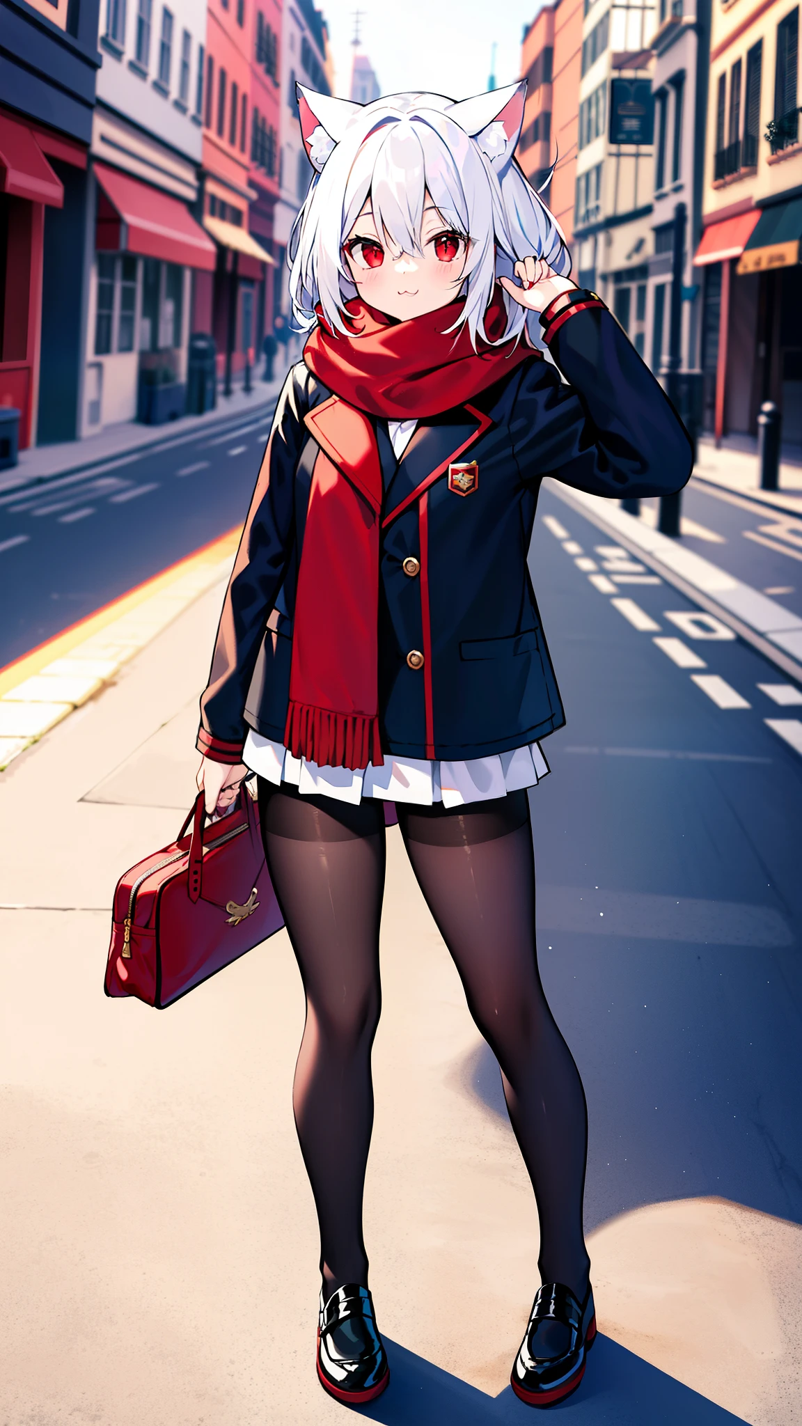 masterpiece, best quality, 23years old, black pantyhose,girl, white hair, medium hair, cat ears, red eyes, looking at viewer, :3, cute, red scarf,  blue jacket, outdoors, streets,