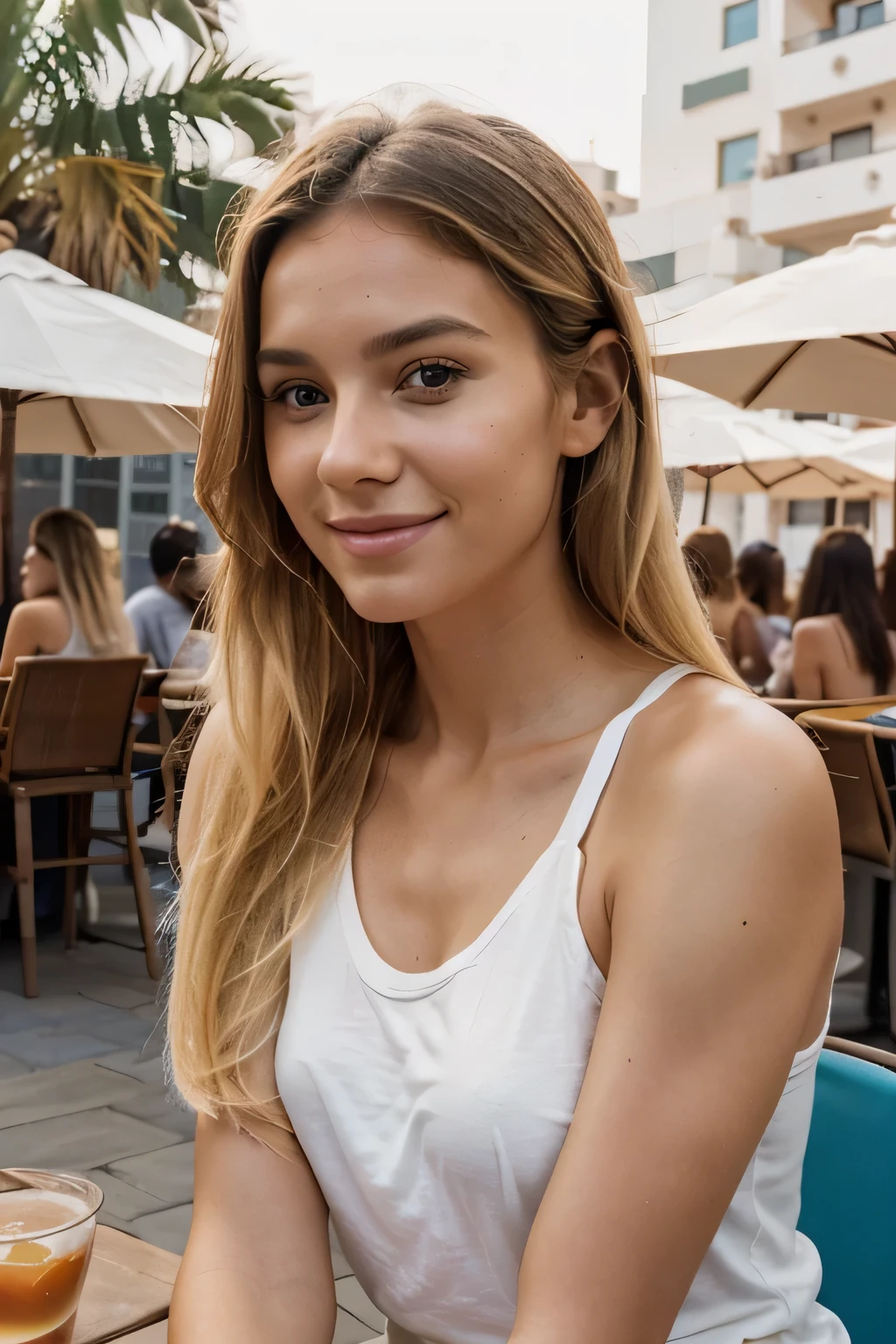 portrait, femme de 30 ans, prendre un selfie à la terrasse d'un bar à Dubaï, journée ensoleillée. Visage légèrement profilé, de longs cheveux blonds, teint bronzé, sourire. appuyé sur la table de la terrasse, vetements décontractés, t-shirt blanc. Un petit tatouage d'ancre sur la clavicule droite. peau naturelle, imperfections réalistes, grains de beauté discrets, légères cicatrices. Prise avec un iPhone 12, Qualité amateur, problème de luminosité, spontané, ambiance non professionnelle. Foule animée mais pas trop dense en arrière-plan, vibrant ambiance. (photoréaliste:1.2)
