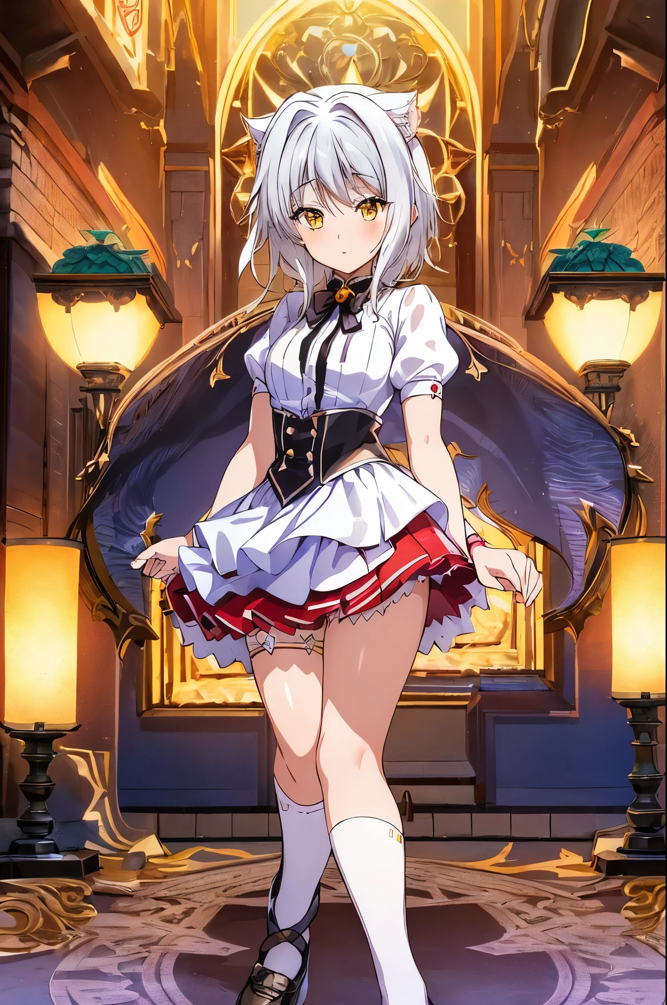 Koneko Toujou (DXD), 1girl, white hair, short hair, konekouniform, school uniform, white shirt, skirt, red skirt, black ribbon, black corset, 1girl, clear image:1, (correct anatomy:1.2), (best quality:1.2), best illumination, (best shadow:1.1), highres, (ray tracing:1), reflected light, (high detail clothes:1.3), ((illustration:1.1)), ((masterpiece)), (((best quality))), ((beautiful detailed eyes)), (extremely detailed CG unity 8k wallpaper:1), ((ultra-detailed:1)), colorful, wallpaper, (perfect artwork:1), (beautiful face:1), pure face, Detailed background, (detailed hands, five fingers), beautiful facial features, yellow eyes,