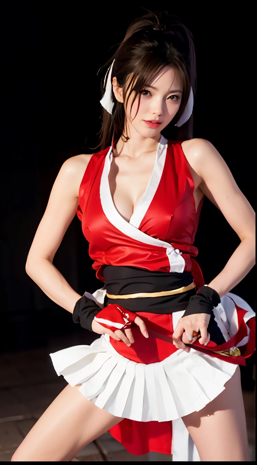 Dressed in red and white，Alafi held a fan in his hand, mai shiranui, yoko matsugane as mai shiranui, ff Tifa, alluring tipha lockhart portrait, Tifa Lockhart, Tifa Lockhart with white hair, akali from league of legends, Irelia from League of Legends, Charming Tifa Lockheart, tifa lockheart