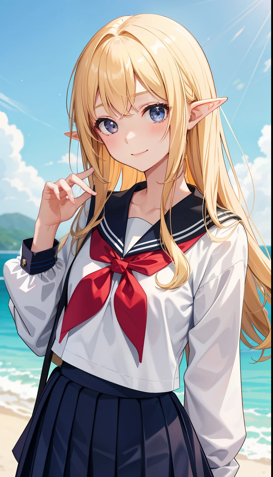 1 girl、AS-Adult、smile、high school student、uniform、Serafuku、skirt、(small breasts)(small breasts)、(upper body portrait)、、blonde、elf、
