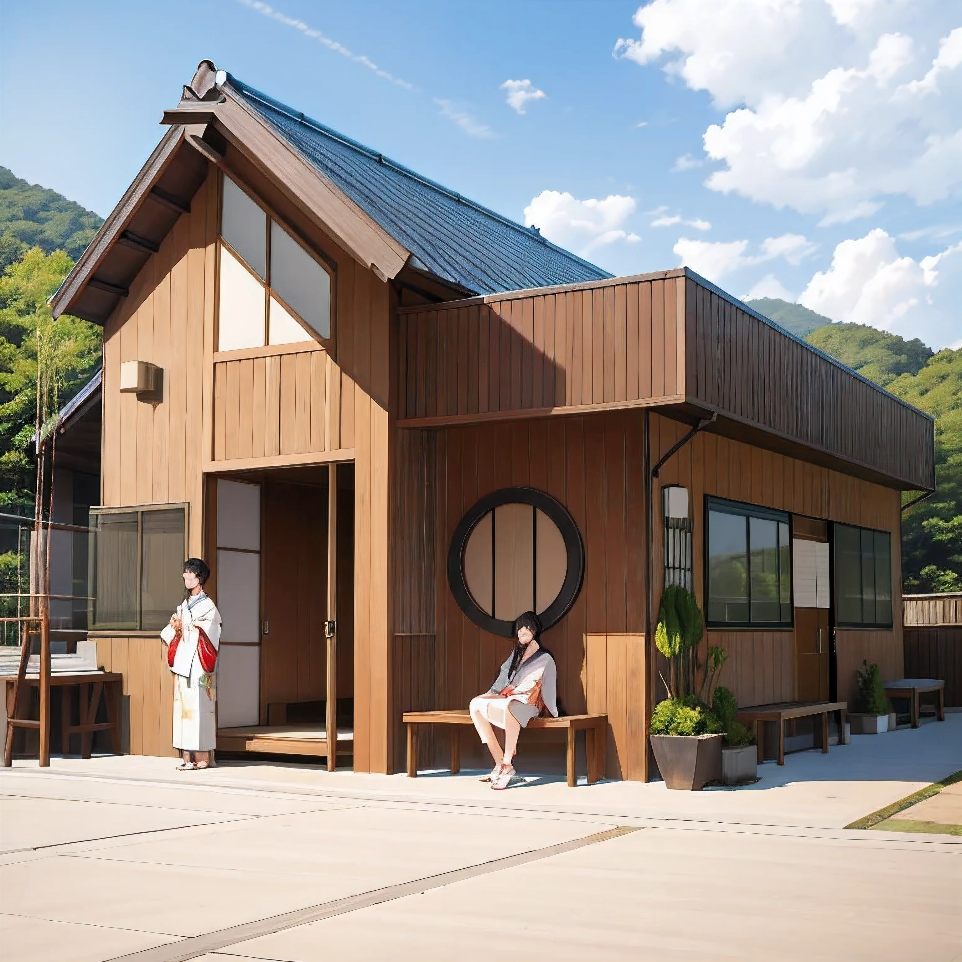 Professional photos of a Japanese-style resort decorated with wood. ,clean white concrete & Glass with garden in front, hills and trees background.