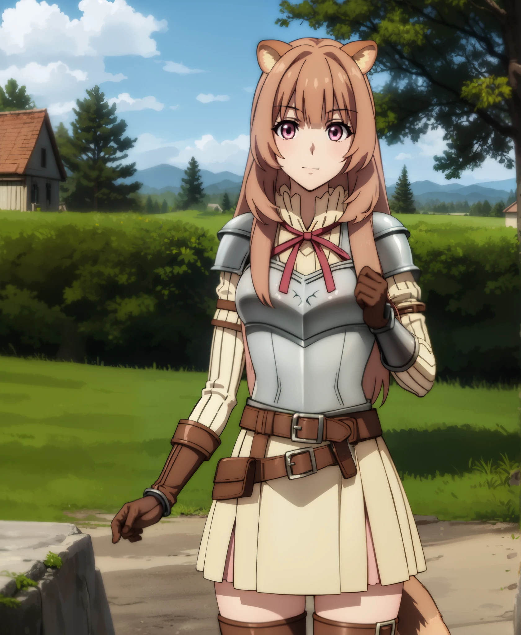 raphtalia, raphtalia, long hair, bangs, brown hair, animal ears, raccoon ears, raccoon tail, raccoon girl, (pink eyes:1.3), smile
BREAK long sleeves, sweater, ribbed sweater, shoulder armor, breastplate, ribbon, red ribbon, gauntlets, glove, brown gloves, belt, skirt, armor,
BREAK outdoors, forest, nature, sun, sky, trees, clouds, grass,
BREAK looking at viewer, (cowboy shot:1.5),
BREAK (masterpiece:1.2), best quality, high resolution, unity 8k wallpaper, (illustration:0.8), (beautiful detailed eyes:1.6), extremely detailed face, perfect lighting, extremely detailed CG, (perfect hands, perfect anatomy),, 