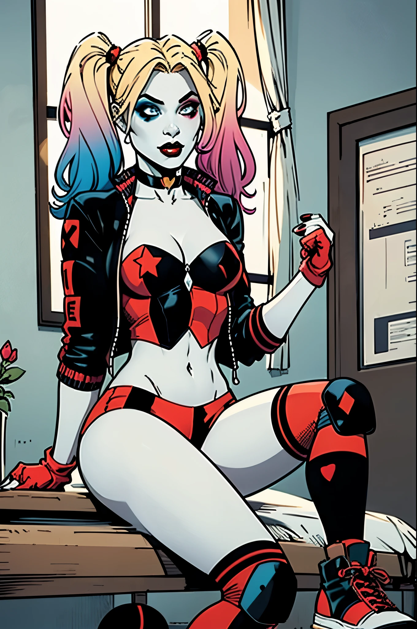 (masterpiece, best quality:1.2),   harley quinn (rebirth), 1girl, solo, twintails, shorts, jacket, blonde hair, multicolored hair, gloves, makeup, breasts, fingerless gloves, navel, blue eyes, midriff, lipstick, pink hair, sneakers, shoes, knee pads, short shorts, cleavage, gradient hair, colored skin, over-kneehighs, pale skin, choker, medium breasts, open jacket, thighhighs, nail polish, white skin, red nails, asymmetrical legwear, crop top, straight-on, portrait, sitting, indoors