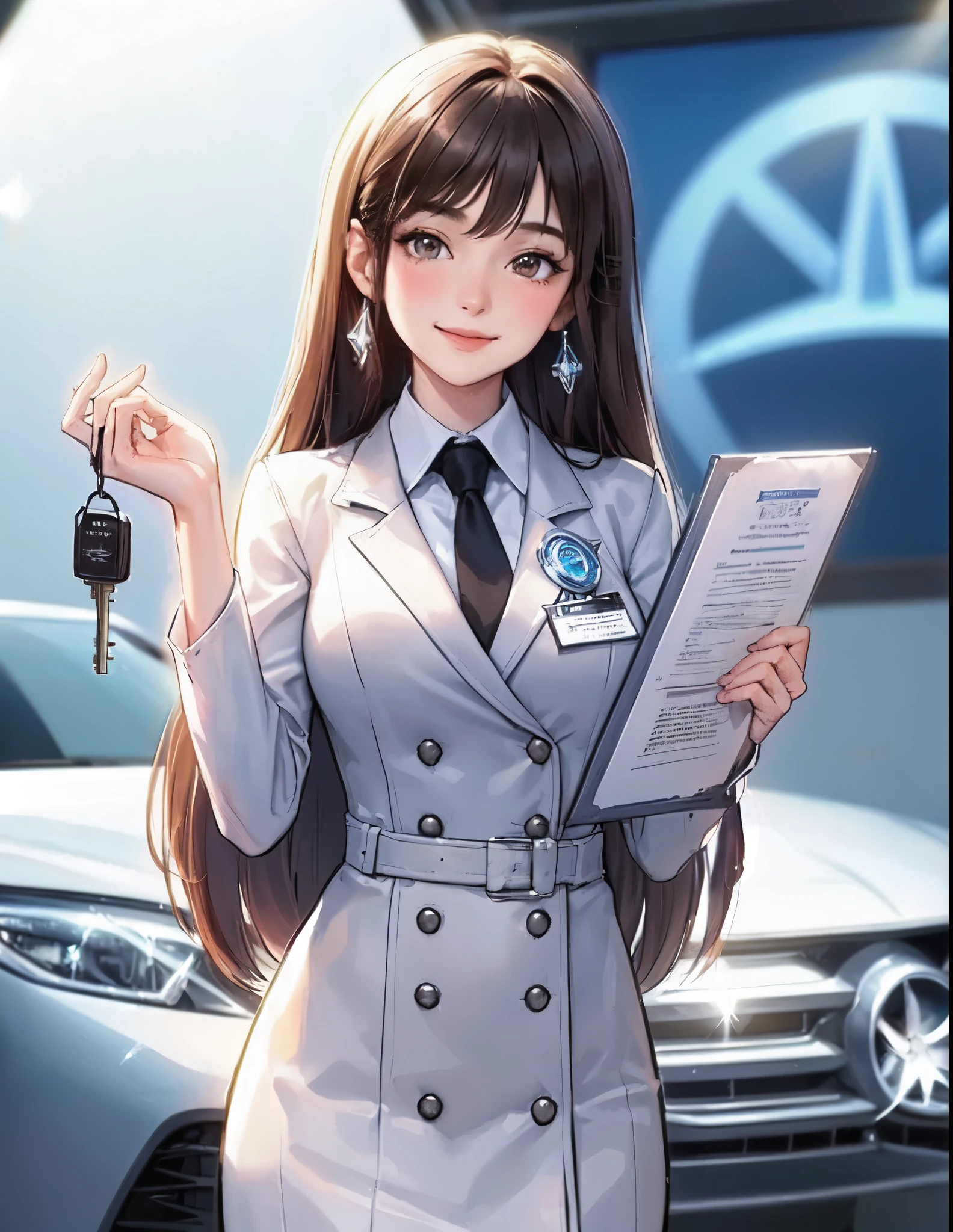 1lady solo standing, event staff (chic costume), mature female, /(dark brown hair/) bangs, blush kind smile, (masterpiece best quality:1.2) delicate illustration ultra-detailed, large breasts BREAK (standing next to the latest model car), (holding pamphlet and key) BREAK (motor show indoors), audience, detailed background