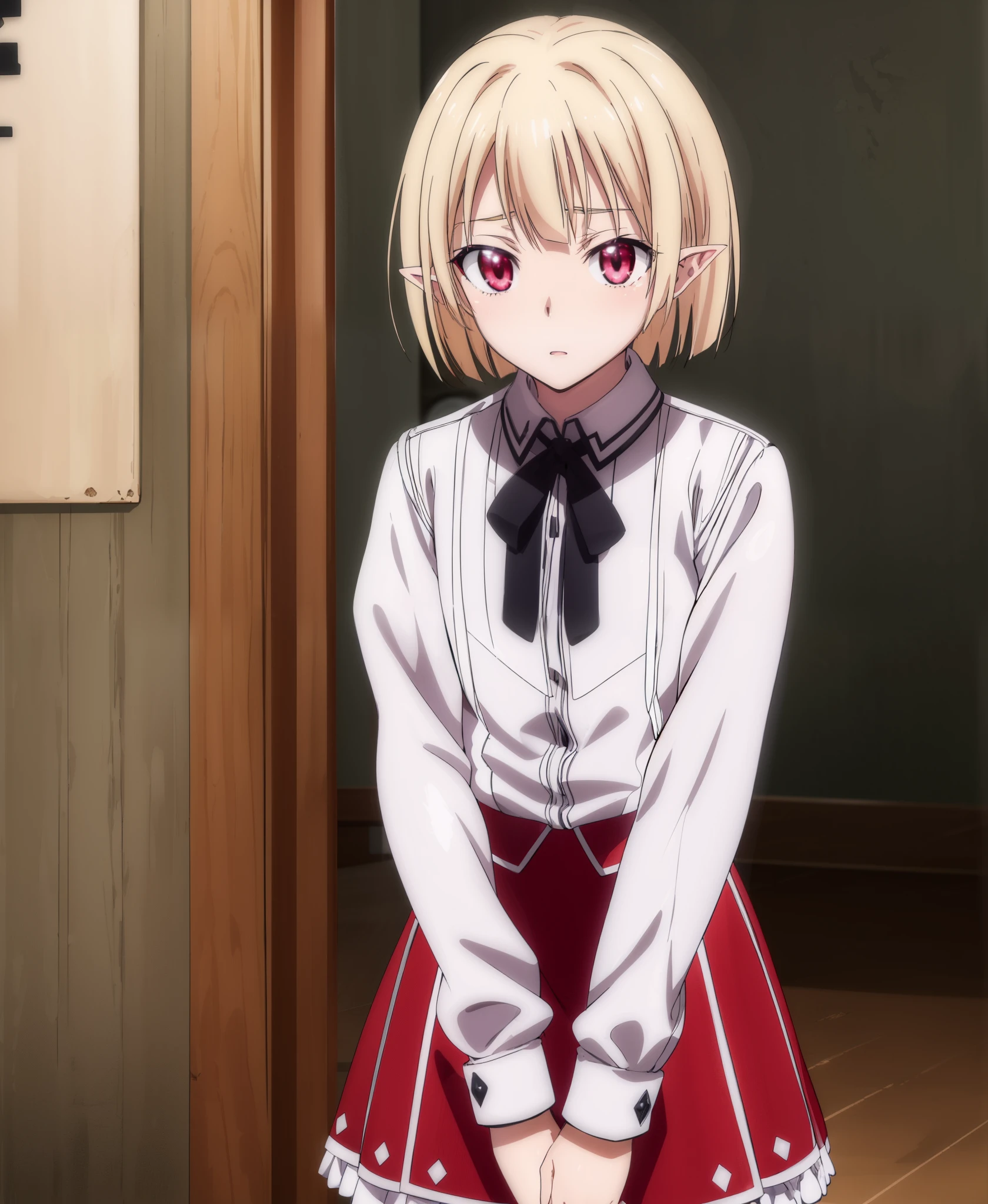 gaspervladi, gasper vladi, short hair, blonde hair, (red eyes:1.3), pointy ears,
BREAK shirt, ribbon, school uniform, white shirt, black ribbon, neck ribbon, long sleeves, skirt, red skirt, puffy sleeves,
BREAK indoors, classroom,
BREAK looking at viewer, (cowboy shot:1.5),
BREAK (masterpiece:1.2), best quality, high resolution, unity 8k wallpaper, (illustration:0.8), (beautiful detailed eyes:1.6), extremely detailed face, perfect lighting, extremely detailed CG, (perfect hands, perfect anatomy),, nsfw, naked