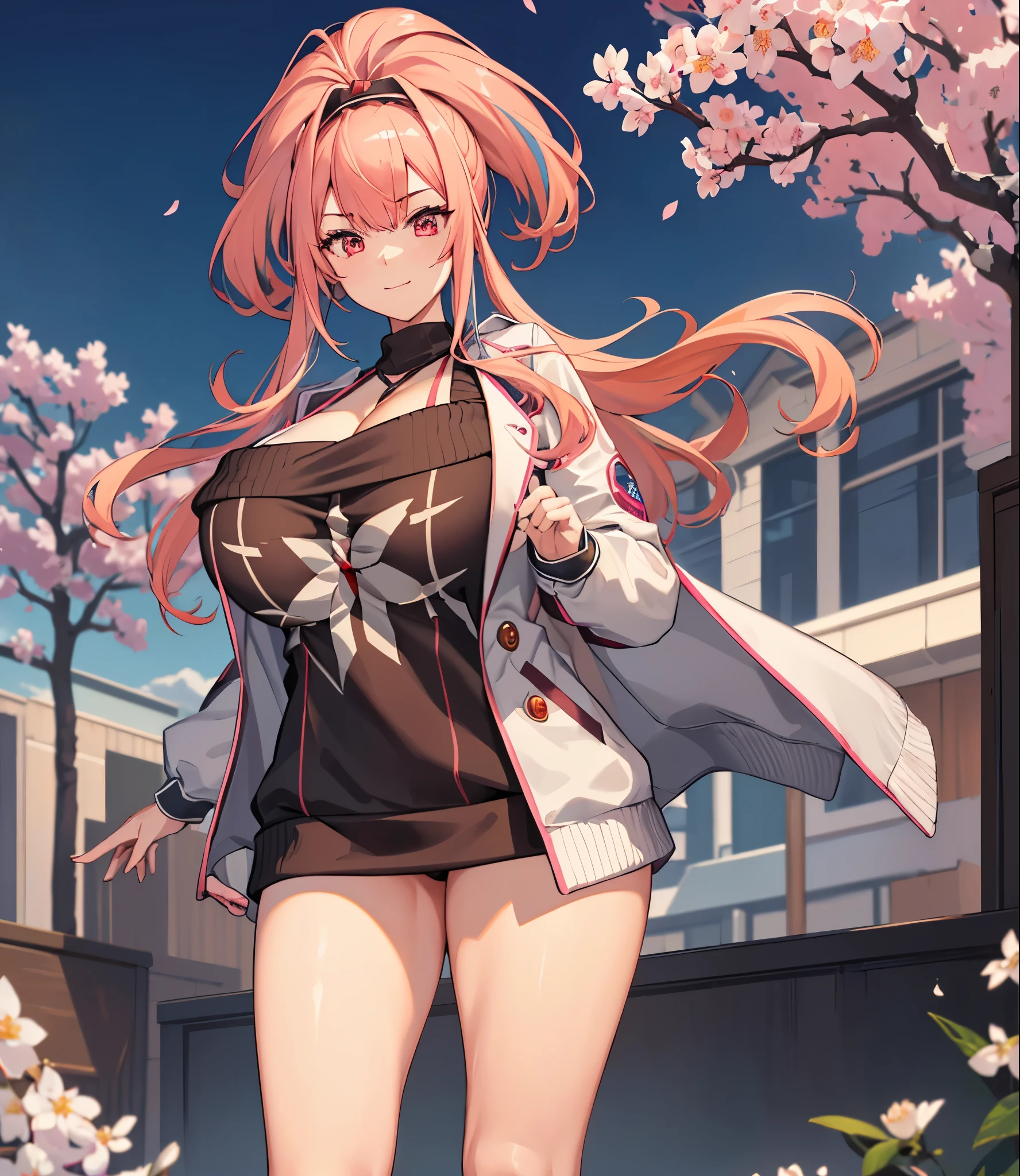 (extremely detailed CG unity 8k wallpaper), (((masterpiece))), (((best quality))), ((ultra-detailed)), (((illustration))), (best shadow), ((an extremely delicate and beautiful)), (detailed light), (well designed face), amazing face, (super detailed), cinematic shot, beautiful detailed eyes, detailed background, 1girl, solo, ((pink hair)), ((multicolored hair)), ((red eyes)), ((short ponytail)), (headband), ((halterneck)), huge breasts, firts rate breasts, first rate female bodies, (sleveless sweater), ((open chest sweater)), white jacket, open jacket, cherry blossom trees in behind, outdoor, bewitching thighs, smirk, cowboy shot, (hands inside jacket pocket),