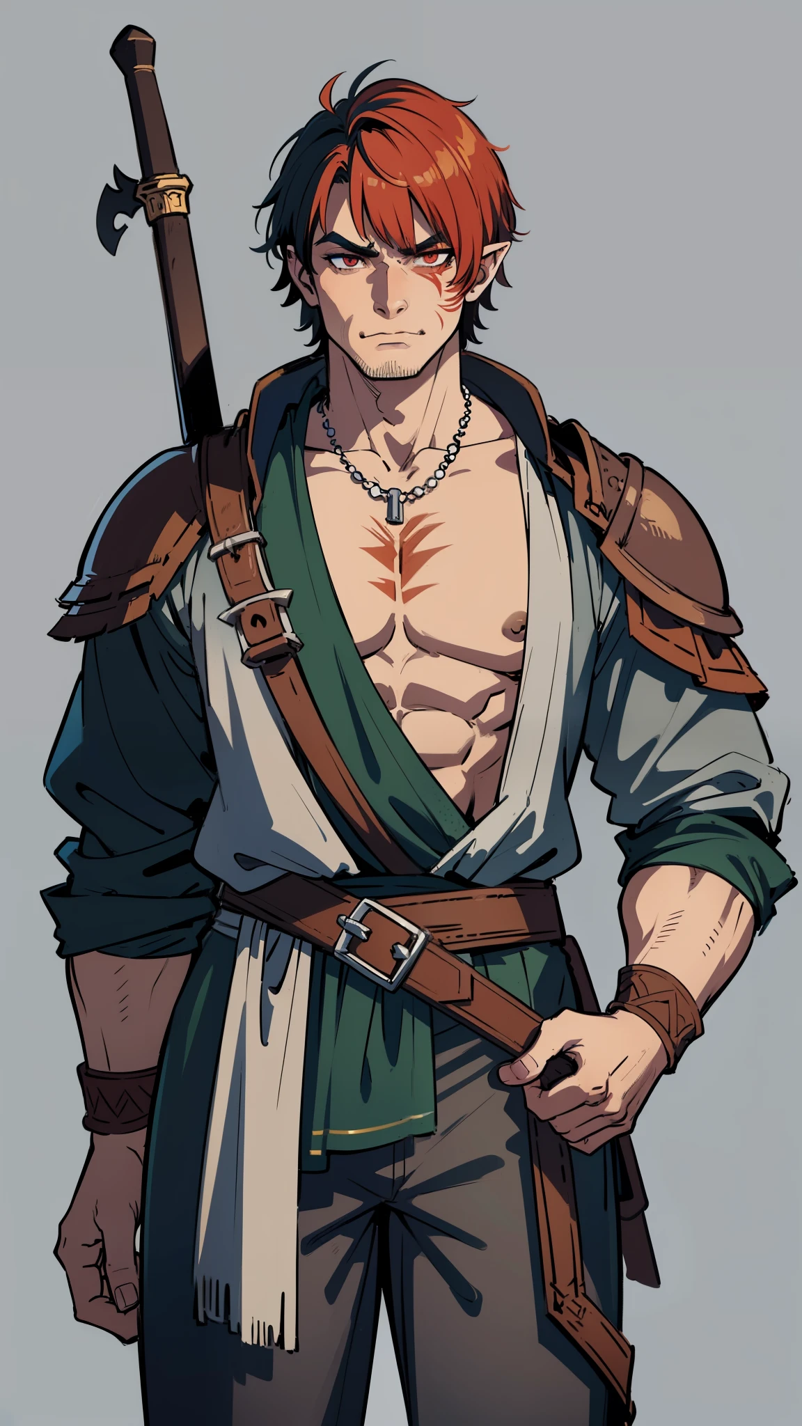masterpiece, detailed, character, dungeons and dragons character, 1man, halforc orc man, halforc orc barbarian, halforc orc tribal warrior, [green skin|red skin:1.5] , (short hair:1.5), bulk face, strong face, [big fangs|big tusks:1.5], detailed face, detailed eyes, red eyes, athletics muscular body, ((holding [axe|sword:0.5] in hands:1.1)), (wearing (medieval barbarian fantasy cloth apparels, (medieval tribal warrior suit, medieval pants, medieval jacket), (medieval barbarian fantasy outfit)), ((simple background, grey color background))