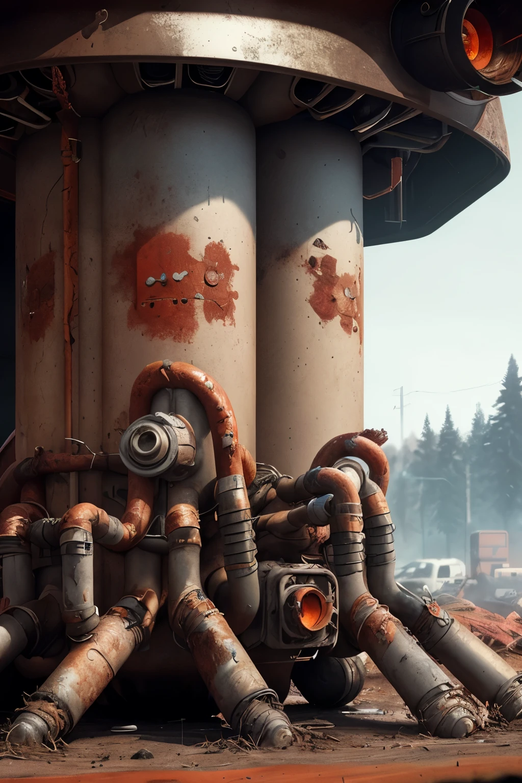 stalenhag, close up, old destroyed parts of rust atom nuclear reactor, sci-fi, knots colorfully raw surface, smooth round shapes, cyberpunk, hdr, 8k, 4k, octane renderer, huge detailed, artstation