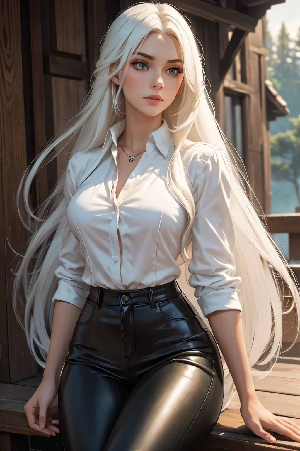 beautiful witcher girl with long white hair and emerald green eyes in loose white shirt and leather pants