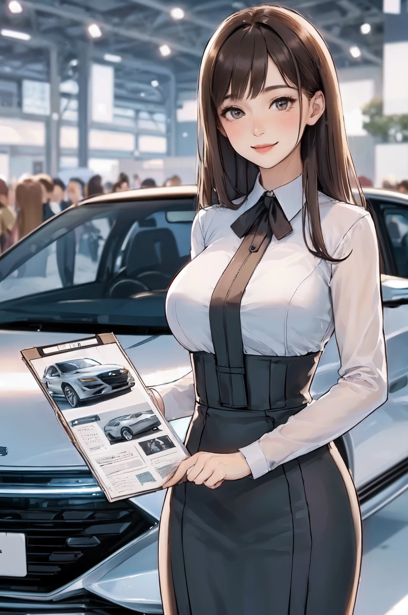 1lady solo standing, event staff (chic costume), mature female, /(dark brown hair/) bangs, blush kind smile, (masterpiece best quality:1.2) delicate illustration ultra-detailed, large breasts BREAK (standing next to the latest model car), (holding pamphlet) BREAK (motor show indoors), audience, detailed background