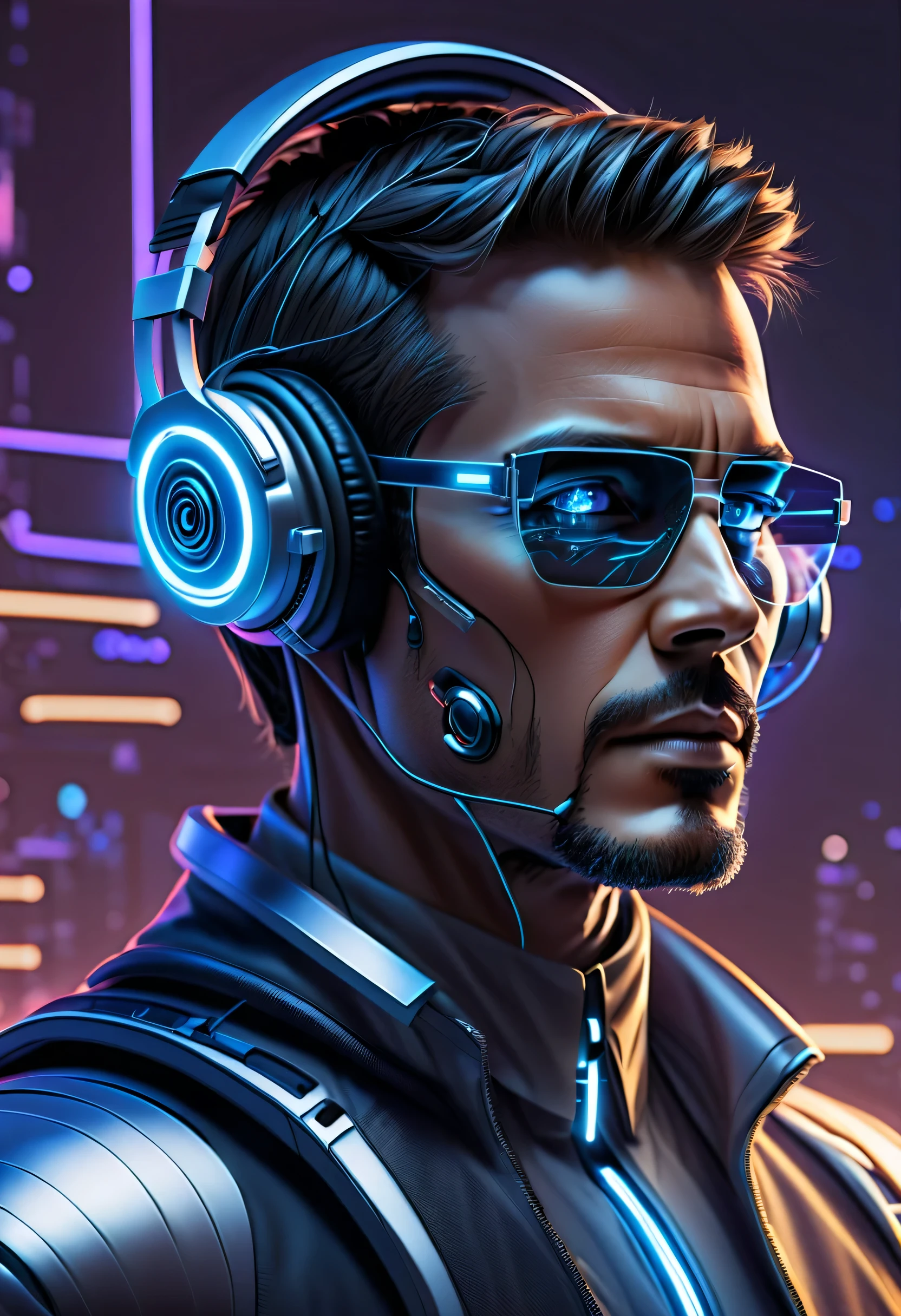 Visualize a radio host who appears to be cyber-enhanced and somewhat robotic, donning futuristic headphones. This host stands tall in front of the microphone, exuding an air of technological sophistication and precision. His features are subtly augmented, hinting at a seamless fusion of man and machine. The gleam of artificial intelligence flickers in his eyes, reflecting a deep connection to the digital realm. The contours of his face are sharp and defined, echoing the sleek design of his cybernetic enhancements. The futuristic headphones encase his ears with precision, pulsating with a soft, futuristic glow. As he speaks into the microphone, his voice resonates with a mechanical clarity, cutting through the airwaves with unparalleled precision and authority. Capture the essence of this cybernetically enhanced radio host as he navigates the realms of both human emotion and technological advancement with seamless grace