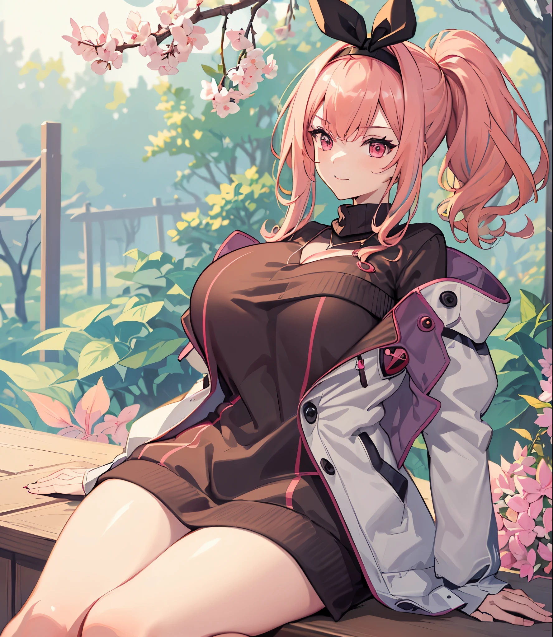 (extremely detailed CG unity 8k wallpaper), (((masterpiece))), (((best quality))), ((ultra-detailed)), (((illustration))), (best shadow), ((an extremely delicate and beautiful)), (detailed light), (well designed face), amazing face, (super detailed), cinematic shot, beautiful detailed eyes, detailed background, 1girl, solo, ((pink hair)), ((multicolored hair)), ((red eyes)), ((short ponytail)), (headband), ((halterneck)), huge breasts, firts rate breasts, first rate female bodies, (sleveless sweater), ((open chest sweater)), white jacket, open jacket, cherry blossom trees in behind, outdoor, bewitching thighs, smirk, hand in pocket,