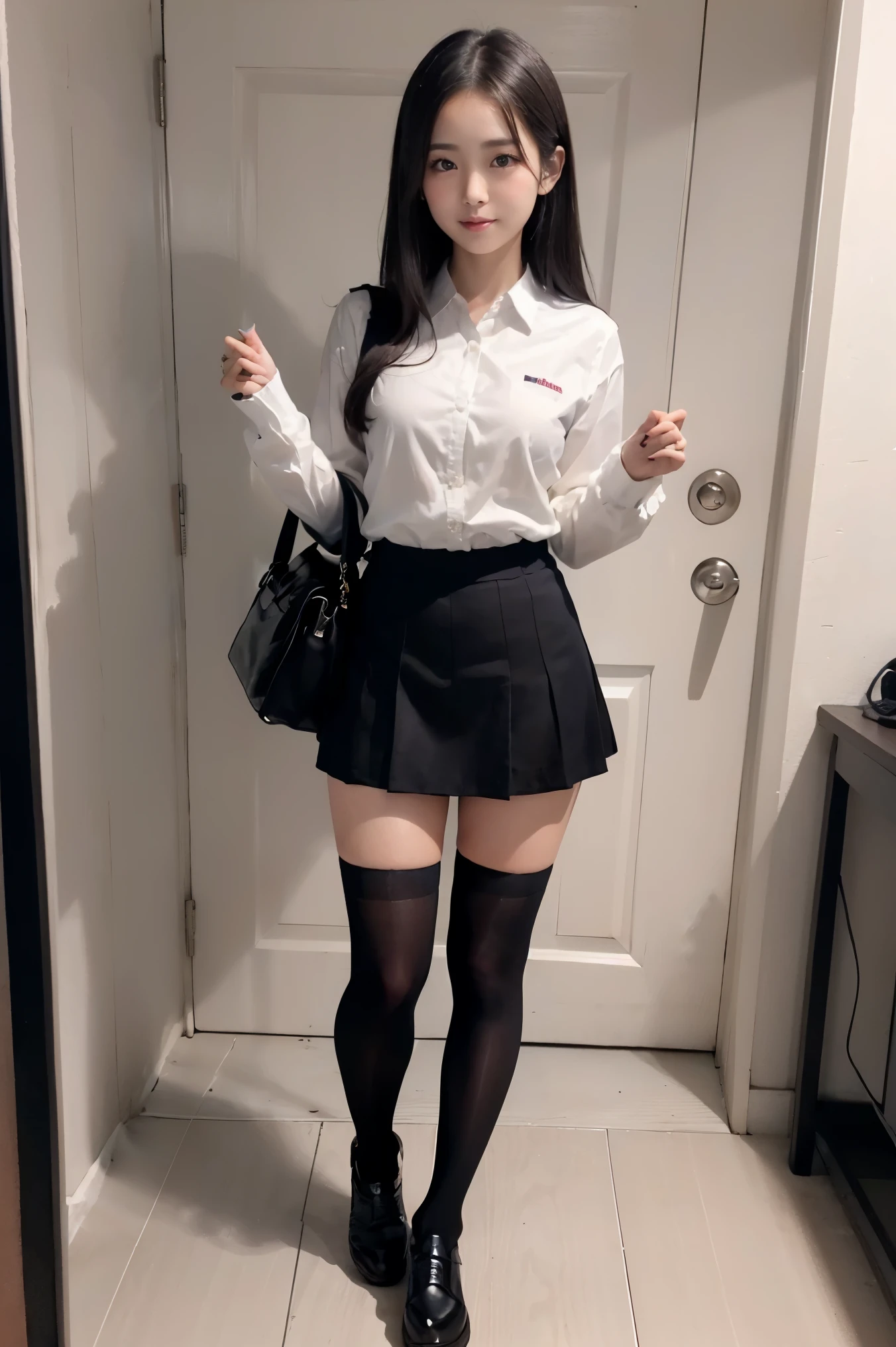 ((full body photo))、Smile、童顔でmicro mini skirt履いて((expensive))There is one woman of、super short skirt、I can see some pants、I can see a little butt、(1 girl)、amazingly cute 、skinny fit uniform、Winter clothes、Japanese school blue uniform、((big breasts))、surreal、garter belt、wearing a black uniform、Full body Esbian、nice thighs、((long legs))、(((wide thighs)))、((micro mini skirt))、white knee socks、(I&#39;Iはハイヒールの革靴を履いています)、Nogizaka Idol、korean idol、Inviting eyes