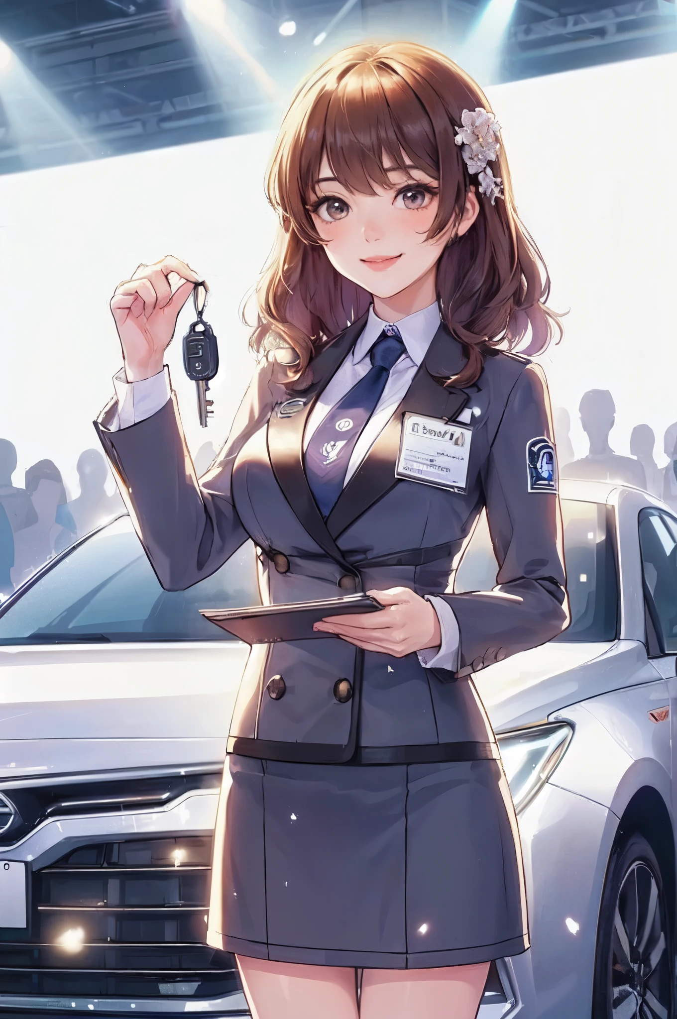 1lady solo standing, event staff (chic costume), mature female, /(brown hair/) bangs, blush kind smile, (masterpiece best quality:1.2) delicate illustration ultra-detailed, large breasts BREAK (standing next to the latest model car), (holding pamphlet and key) BREAK (motor show indoors), audience, detailed background