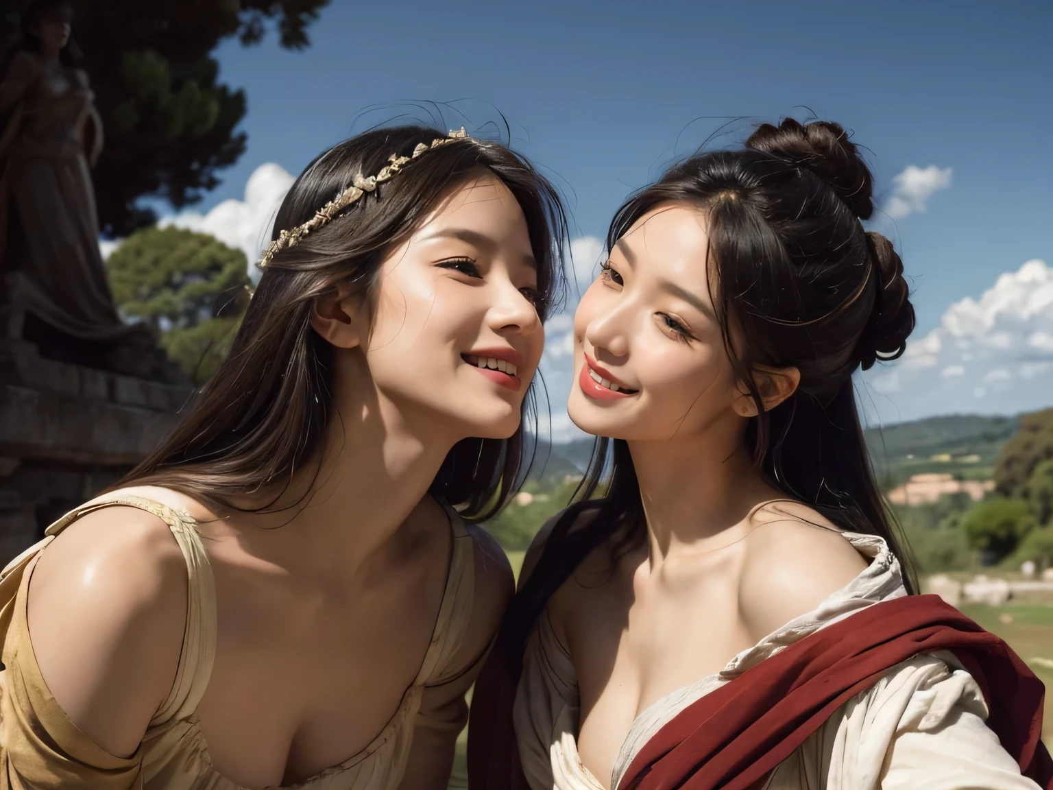 portrait or statue、Ancient Roman ruins、Poussin-style landscape、smile、Sweet and seductive appearance、caravaggio's paintings、caravaggio'chiaroscuro、hair blowing in the wind、Two women having fun、満面のsmile、expression of ecstasy、expression of ecstasy、sexy、full body details