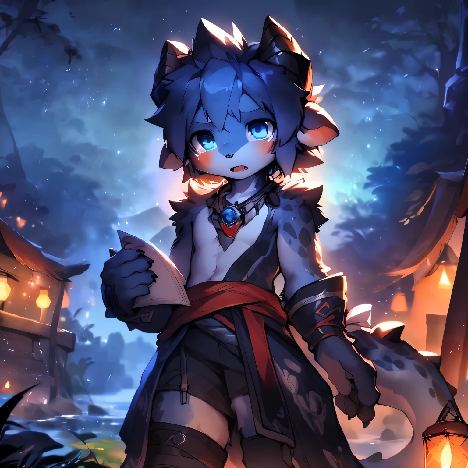 three quarter view,Dark blue body,fluffy hair,Shota,blue hair,juvenile,blue eyes , Lovely, Master masterpieces, high resolution,8k,Detailed background,high quality,horny boy,Dragon's Horn,dragon tail,dragon scale,Dragon ,the only person,((author:Puinki,artist:1.2),(author:Unreal Land,author:Kuroi Junmi,author:milkytiger1145,author:Morkey,author:Emolga 1,Through oocysts:1.2),(author:Xia Huaiting:0.8),(by Pino Deheni:0.8),(by hioshiru:0.8),(by Chun Ni:0.8).)angel halo,glow tattoo,Sad expression,Open mouth and tiger teeth,dark night,Orange leg ring with black line in the middle,No shoes,rain,Dark background,clear,night,moon background,lantern,wolf tail,Bone necklace,vertical painting,Standing whole body,watercolor style,night,Shed tears,cry,dragon horn ,Long Zhengtai,Four-headed body