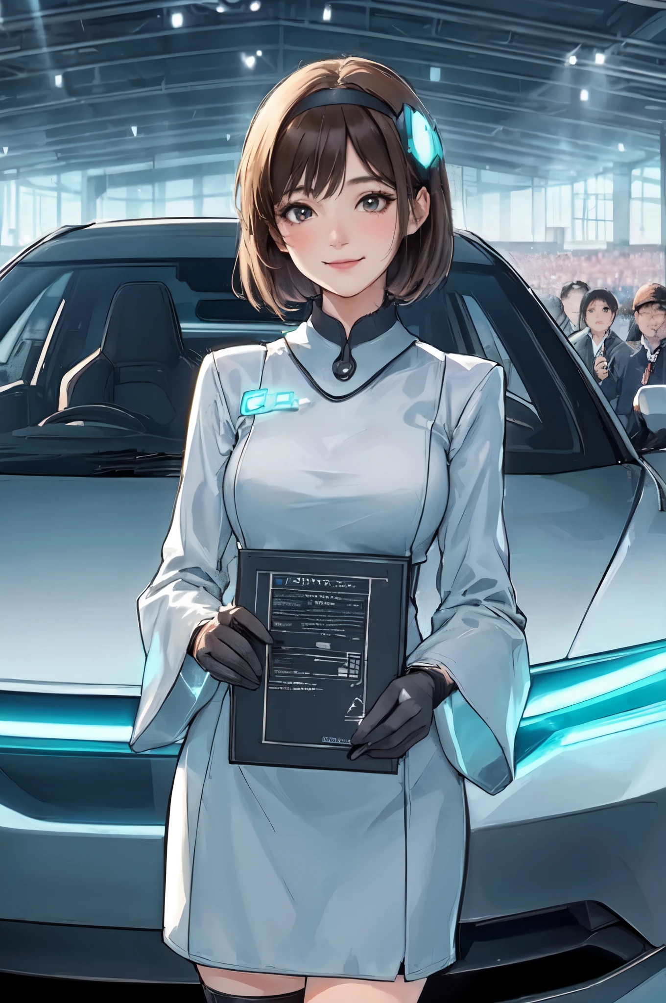 1lady solo standing, event staff (simple and futuristic costume), mature female, /(dark brown hair/) bangs, blush kind smile, (masterpiece best quality:1.2) delicate illustration ultra-detailed, large breasts BREAK (standing next to the latest model car), (holding pamphlet) BREAK (motor show indoors), audience, detailed background