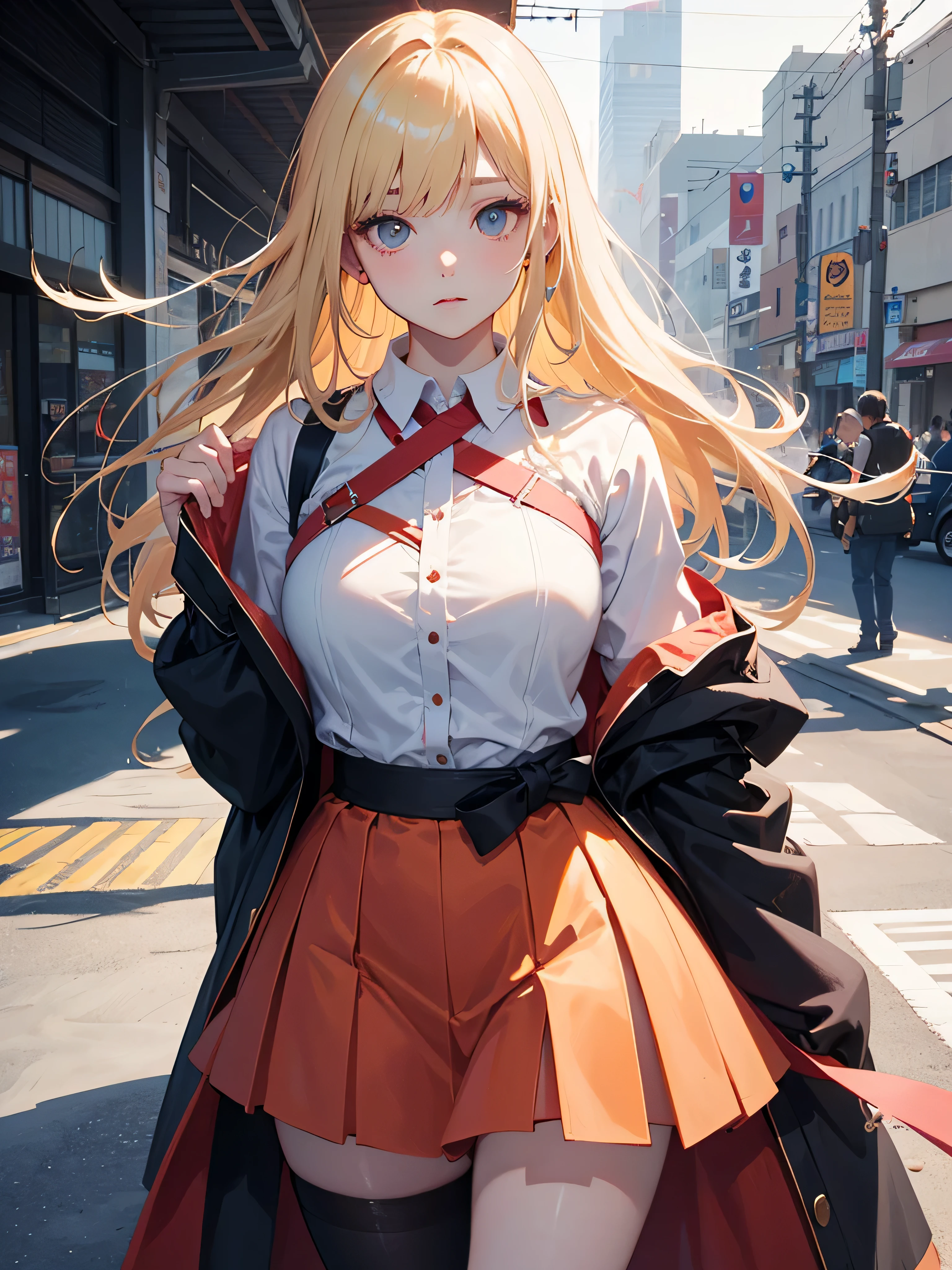 Alaf woman in short skirt and white shirt, perfect android girl, hyperrealistic , a hyperrealistic , japanese goddess, korean girl, blonde goddess, realistic , japanese model, seductive anime girl, with long blonde hair, really large bust, hyperrealistic full figure, trending on cgstation, anime girl cosplay, beautiful blonde girl
