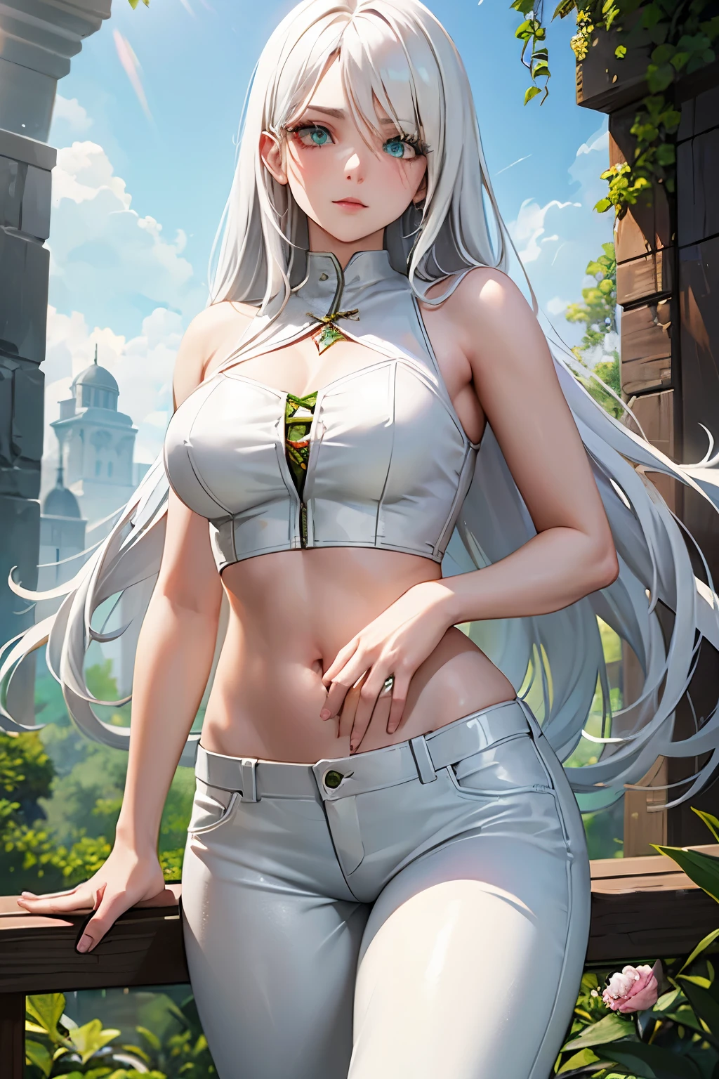 realistic, 1girl, white hair, white shining skin, big round breasts. slightly muscular body, sexy hot body, purple eyes, shining eyes, crop top, skirt, open lips, blush, night, flowers, sun, sunshine,