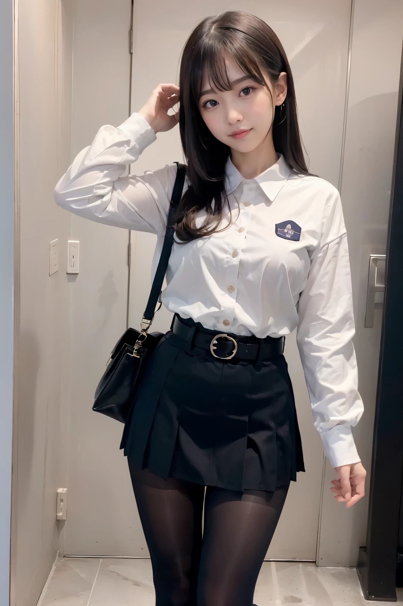 Low - Angle、((full body photo))、smile、童顔でmicro mini skirt履いて((expensive))There is one woman of、super short skirt、I can see some pants、I can see a little butt、(1 girl)、amazingly cute 、skinny fit uniform、Winter clothes、Japanese school blue uniform、((big breasts))、surreal、garter belt、wearing a black uniform、Full body Esbian、nice thighs、((long legs))、(((wide thighs)))、((micro mini skirt))、(black pantyhose)、(I&#39;Iはハイヒールの革靴を履いています)、Nogizaka Idol、korean idol、Inviting eyes