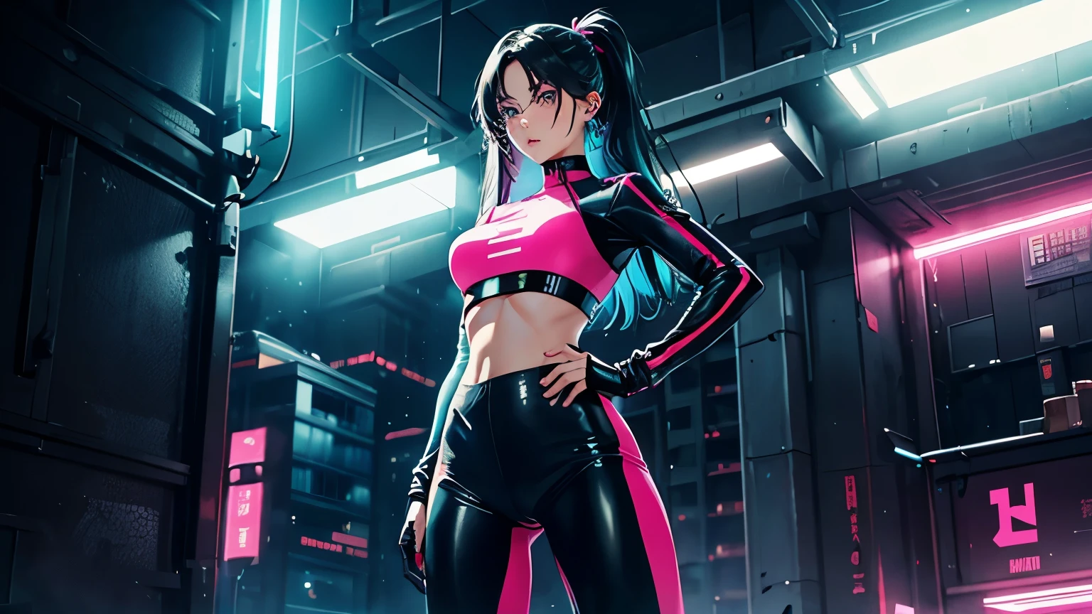 4K, A high resolution, Best quality at best, masterpiece, perfect colors, perfect shadow, perfect litthing, ((sportrait)), 1woman, fit-muscled body, bright yellow eyes，dark blue hair , blue eyes, With round lenses, detail in eyes, The audience watched carefully, (s face: 1.2), Perfect female figure, ((standing)),  ((neon pink Tight crop top leather suit)), ((shy and looking at viewert)), (Perfect thick white eyebrows) Delicate fur, 详细s face, s the perfect face, At a  fantasy industrial city , (model pose standing), energetic background, perfect  city skyscape,  lighting atmosphere, ((Bonifasko lighting)), (The round lenses on his eyes)(詳細な目), Perfect student, face close up