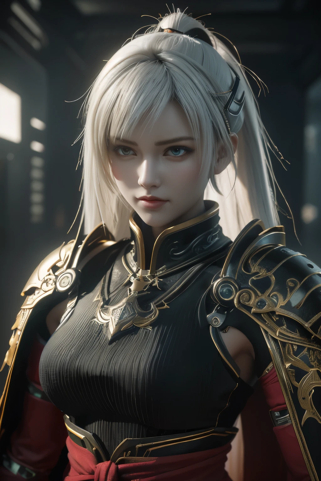Game art，The best picture quality，Highest resolution，8K，(A bust photograph)，(Portrait)，(Head close-up)，(Rule of thirds)，Unreal Engine 5 rendering works， (The Girl of the Future)，(Female Warrior)， 22岁少女，(Female hackers)，(White，Ancient Oriental hairstyle)，((The pupils of the red eyes:1.3))，(A beautiful eye full of detail)，(Big breasts)，(Eye shadow)，优雅迷人，冷漠，((Anger))，(Cyberpunk jacket full of futuristic look，Joint Armor，There are exquisite Chinese patterns on the clothes，A flash of jewellery)，赛博朋克人物，未来风格， 拍照姿势，城市背景，Movie lights，Ray tracing，Game CG，((3D Unreal Engine))，oc渲染反射纹
