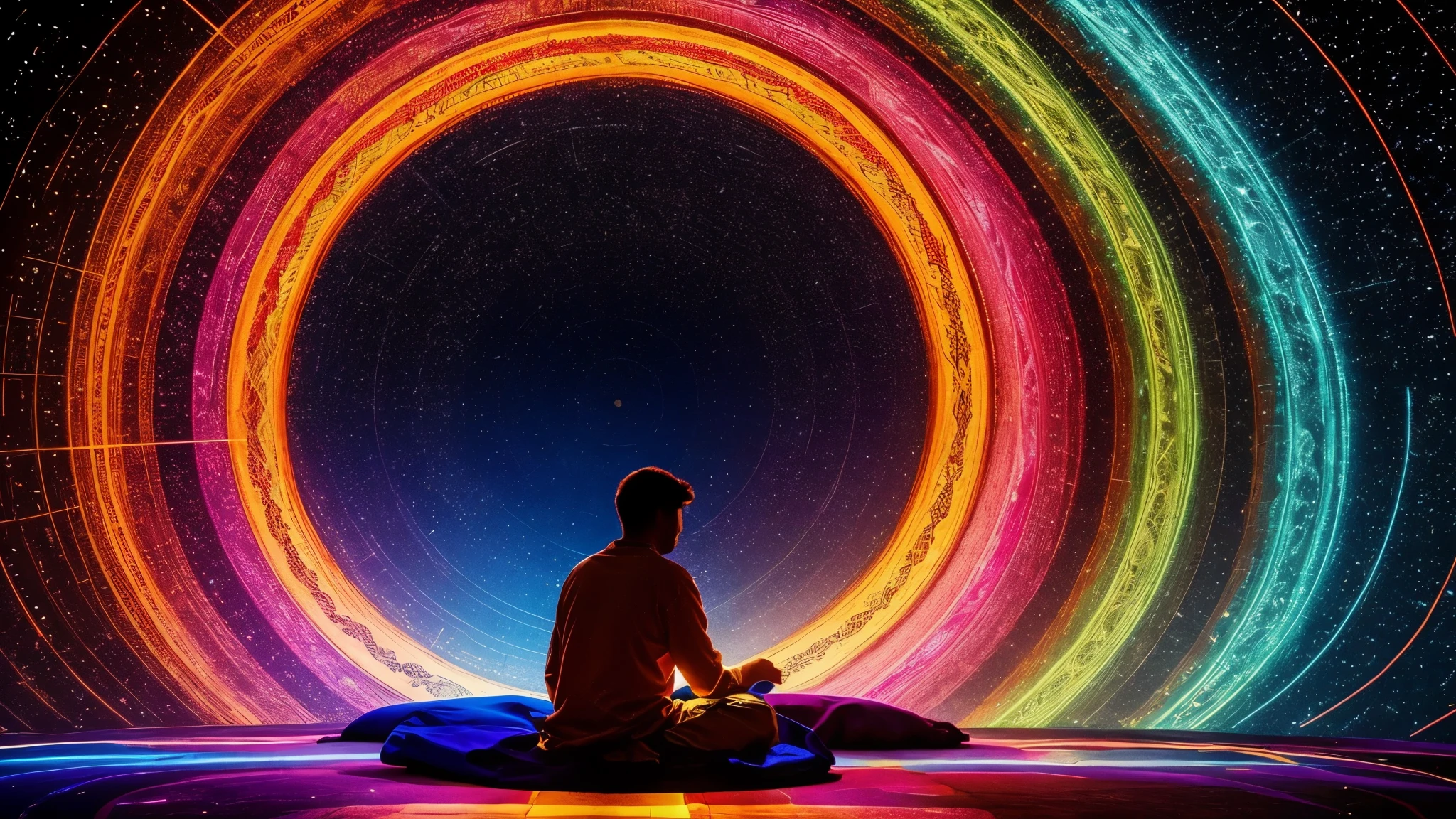 Collecting the energy of the universe, person sitting in the middle, Covered with colorful patterns, light surrounds,